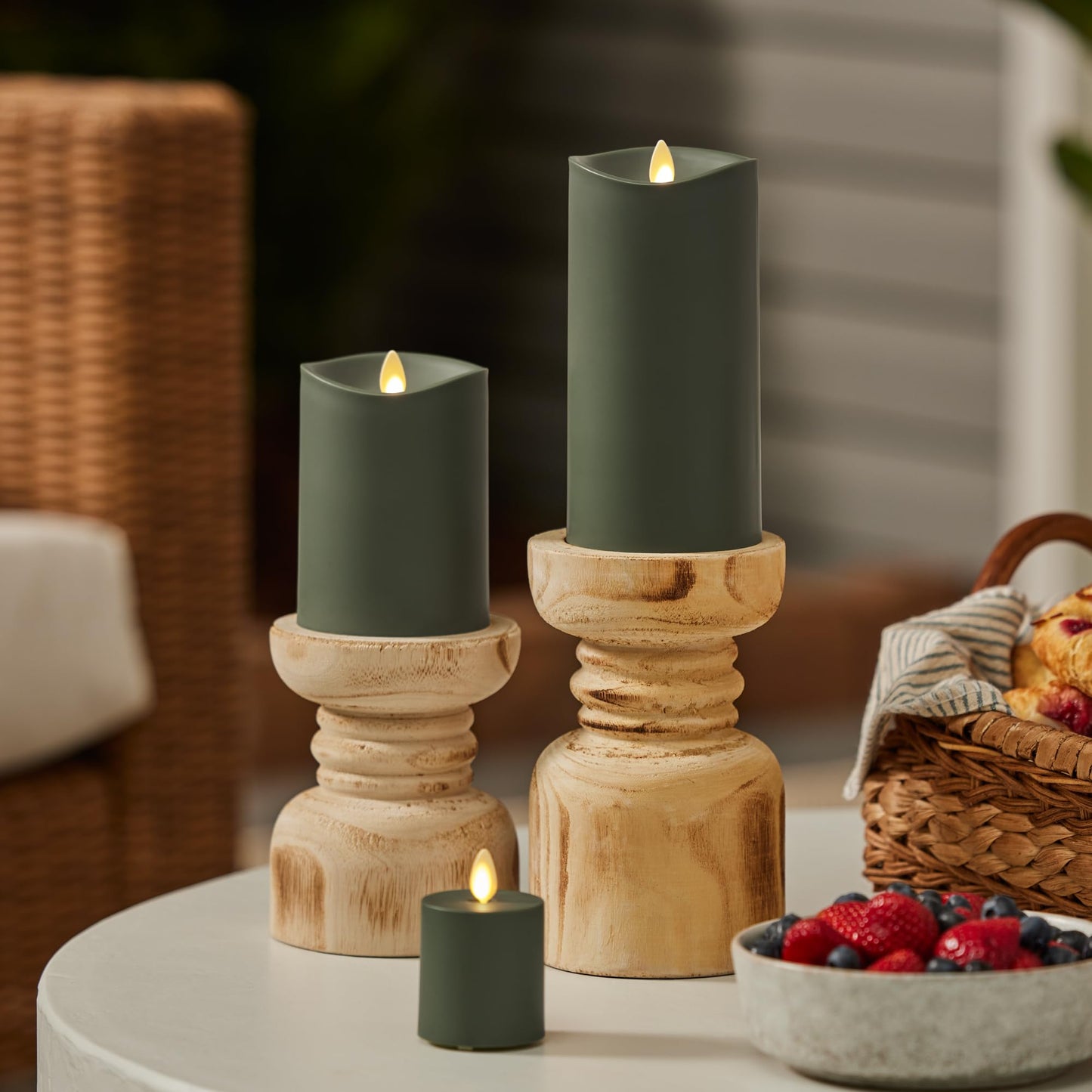 Luminara Loden Green Outdoor Moving Flame Votive Realistic LED Candle (2"x3.2"), IPX4 Flat Smooth Matte Plastic Finish, Battery Operated (2 AAA) Timer