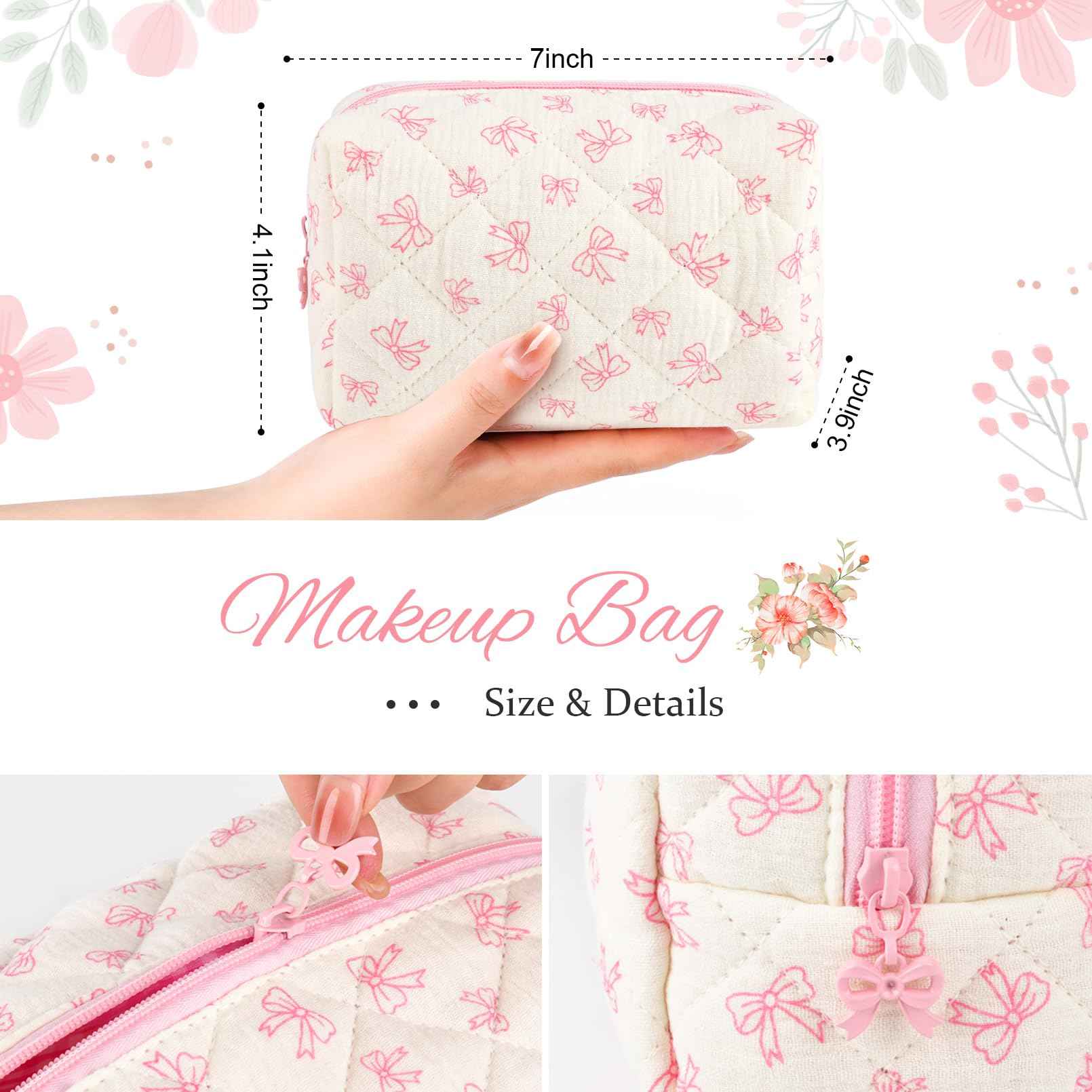 SOIDRAM Floral Makeup Bag Small Quilted Cosmetic Bag Cute Makeup Pouch Coquette Makeup Bag Aesthetic Travel toiletry bag Organizer Cotton Makeup Brushes Storage Bag for Women (Coquette Bow -S)