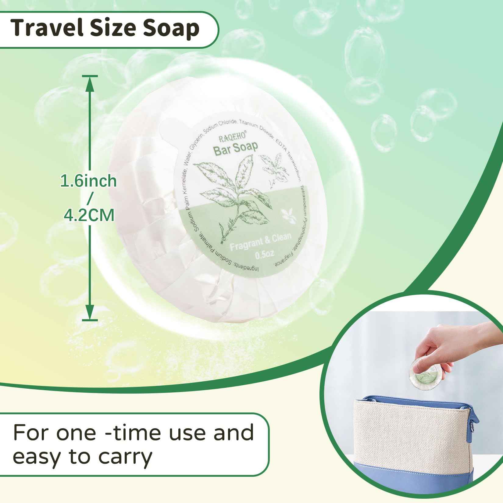 RAQEHO 120 Mini Bar Soap Bulk - Travel Soap Individually Wrapped Body Bath Gentle Soap Bars Men Women Travel Size Toiletries for Homeless Hotel Essentials for Guest Bathroom Airbnb（Green Tea）