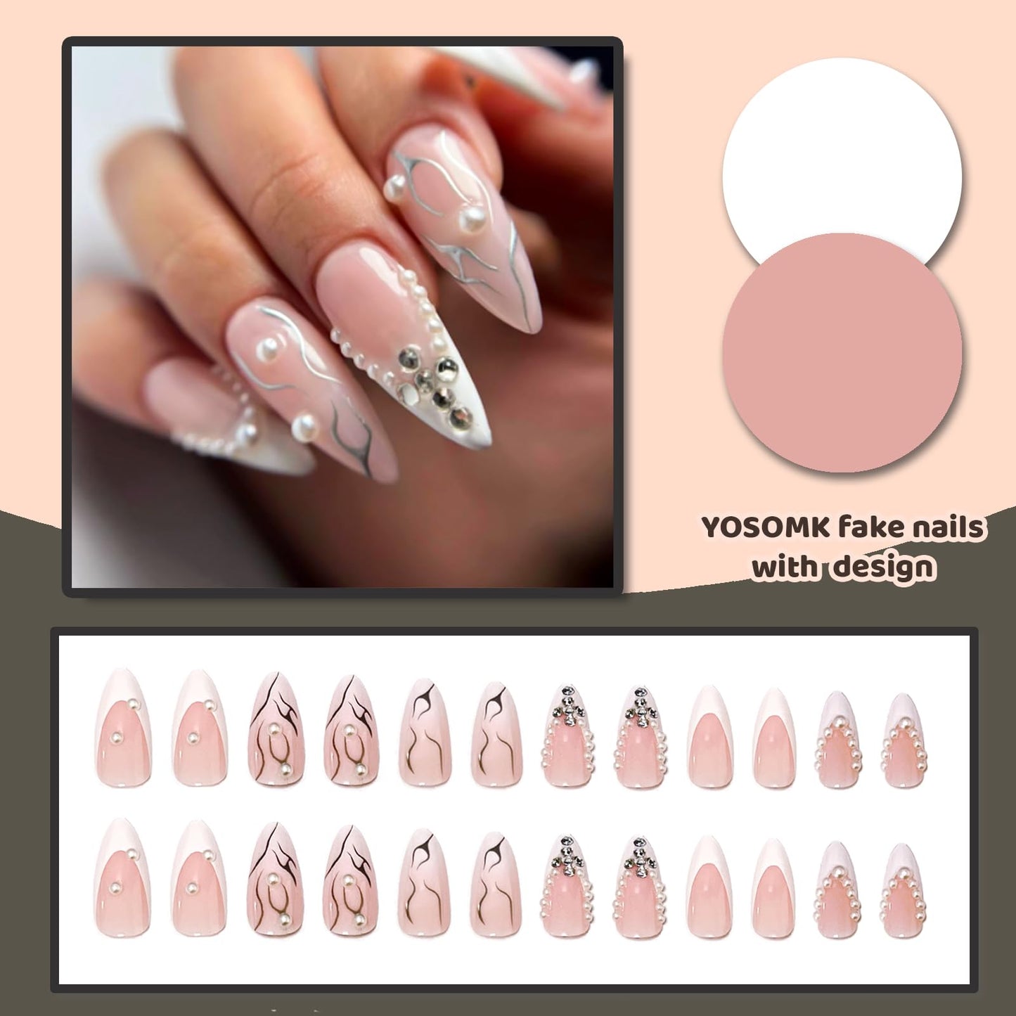 YOSOMK French Tip Medium Fake Nails Almond Press on Nails with 3D Rhinestone Designs Luxury Pearl Glossy False Nails Artificial Stick on Nails for Women