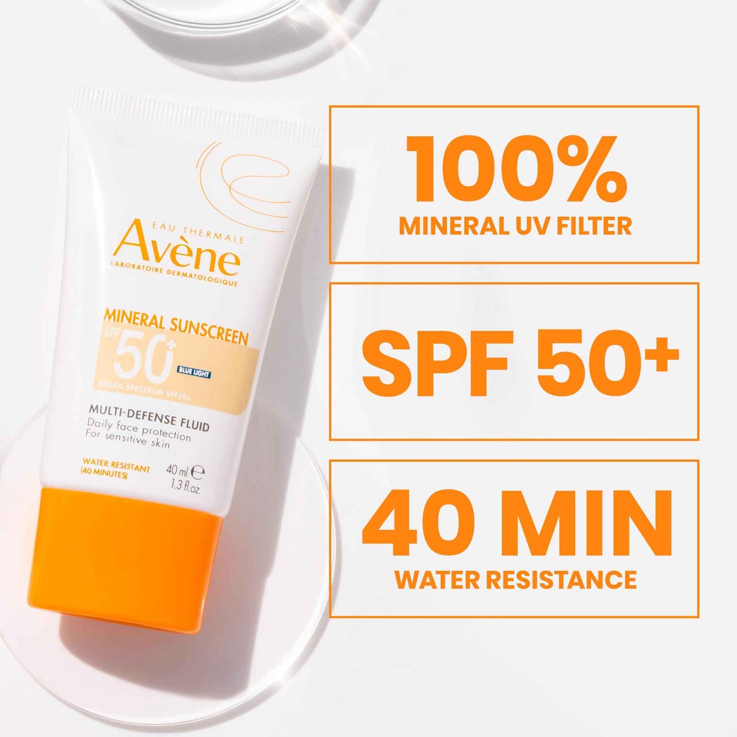 Avène Mineral Sunscreen Multi-Defense Fluid Tinted SPF 50+, Clean Formula Sunscreen for Sensitive Skin, Reef Friendly, Natural Tint, Non-Whitening, Antioxidant Protection, 1.3 Fl Oz