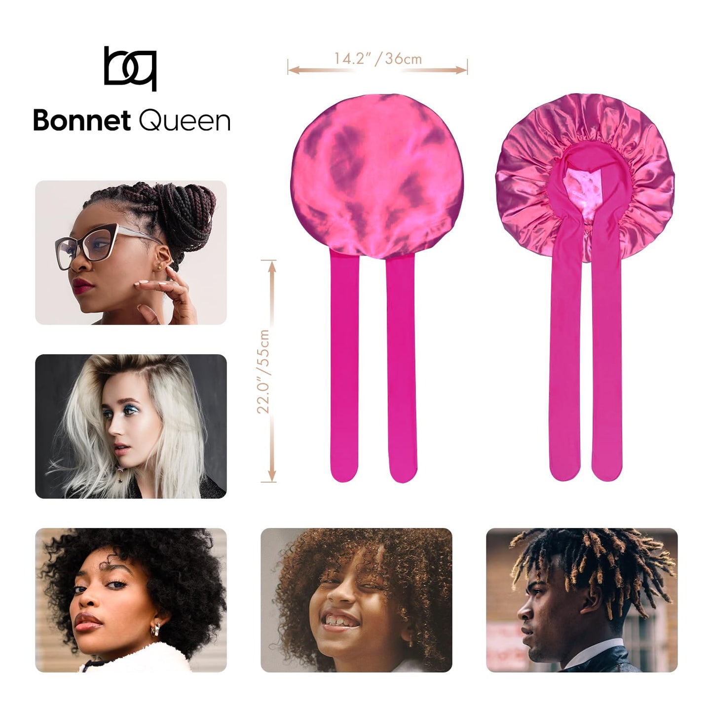 BONNET QUEEN Satin Bonnet Silk Bonnet for Sleeping Hair Bonnet Tie Bonnet for Women with Stretch Band Natural Hair Hot Pink