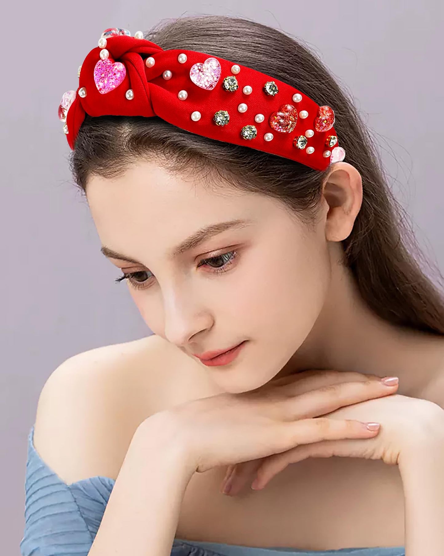 Bnikion Sweet Valentine's Day Heart Candy Embellished Red Headband Rhinestone Headband for Women Top Knot Twist Wide Hair Band Jeweled Crystal Knotted Headband Valentine's Day Gifts for Her