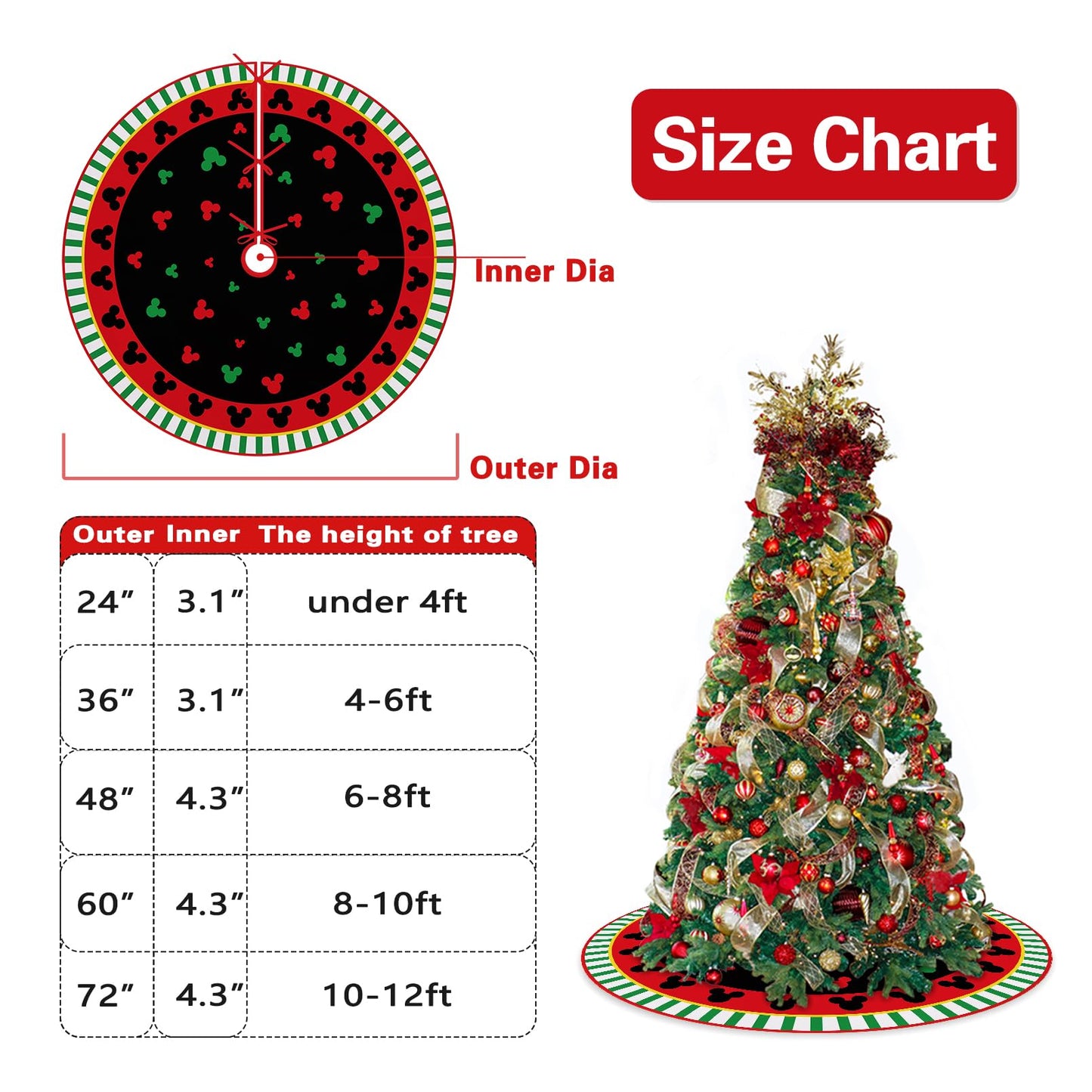 Fzbali Mouse Christmas Tree Skirt 72 Inches Lace-up Extra Large Artificial Black Red Xmas Tree Skirt, Green Stripes Holiday Party Indoor Decoration Home Decor