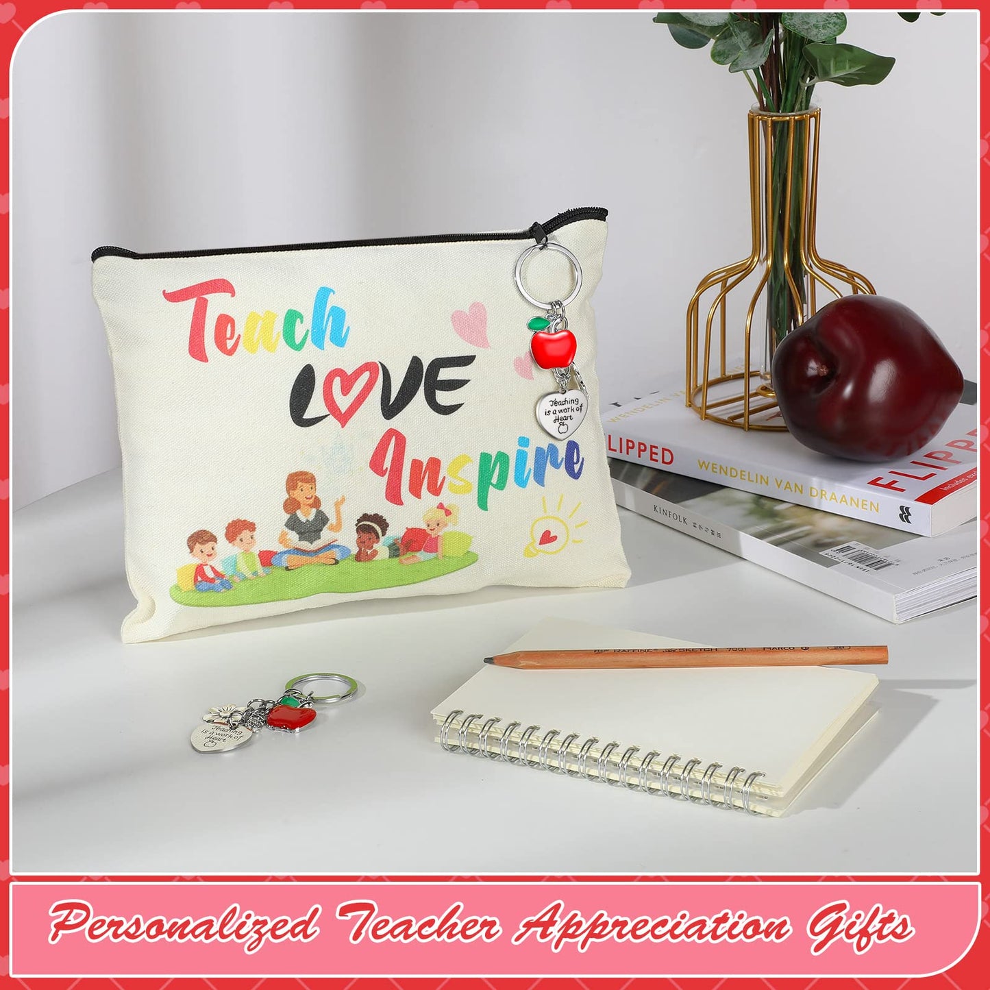 12 PCS Teacher Appreciation Gift Set 6 Teacher Kit Makeup Cosmetic Bags and 6 Teacher Keychains Valentines Graduation Gifts for Teacher (Delicate Style)