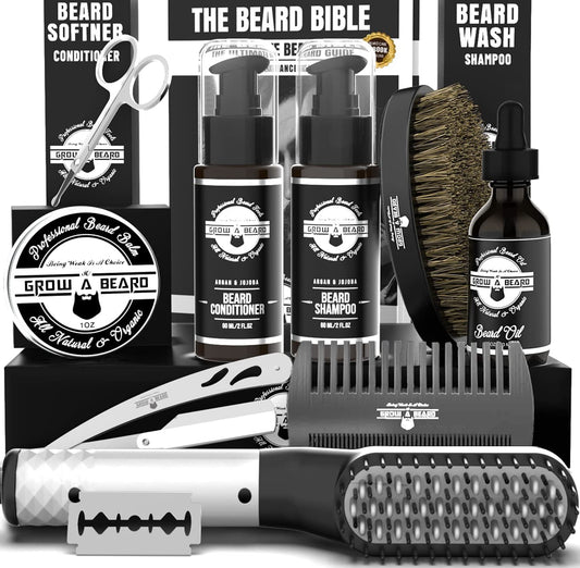 Beard Straightener Grooming Kit for Men, Beard Growth Kit, Beard Wash, Brush & Comb, Unscented Growth Oil, All Natural Chanel Balm, Conditioner, Razor & Scissors, Great Gift Idea for Men's