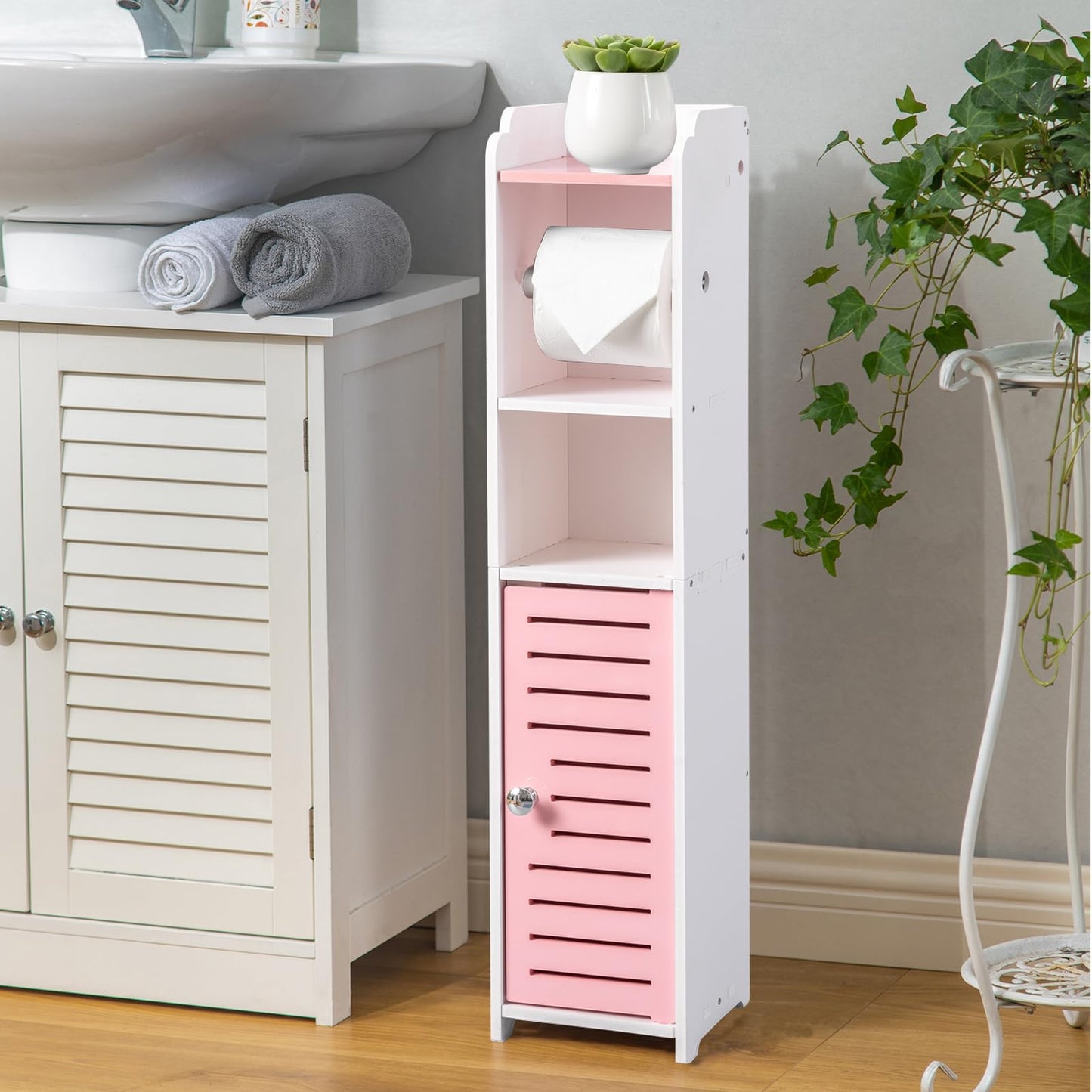 AOJEZOR Toilet Paper Holder Stand: Small Bathroom Storage Cabinet - Jelly Pink - White