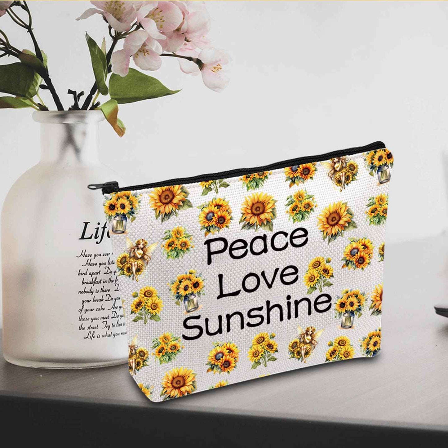 JXGZSO Peace Love Sunshine Make up Bag Sunflower Hippie Cosmetic Bag Sunflower Lover Gift Summer Lover Gift (Peace Love Sunshine Bag)