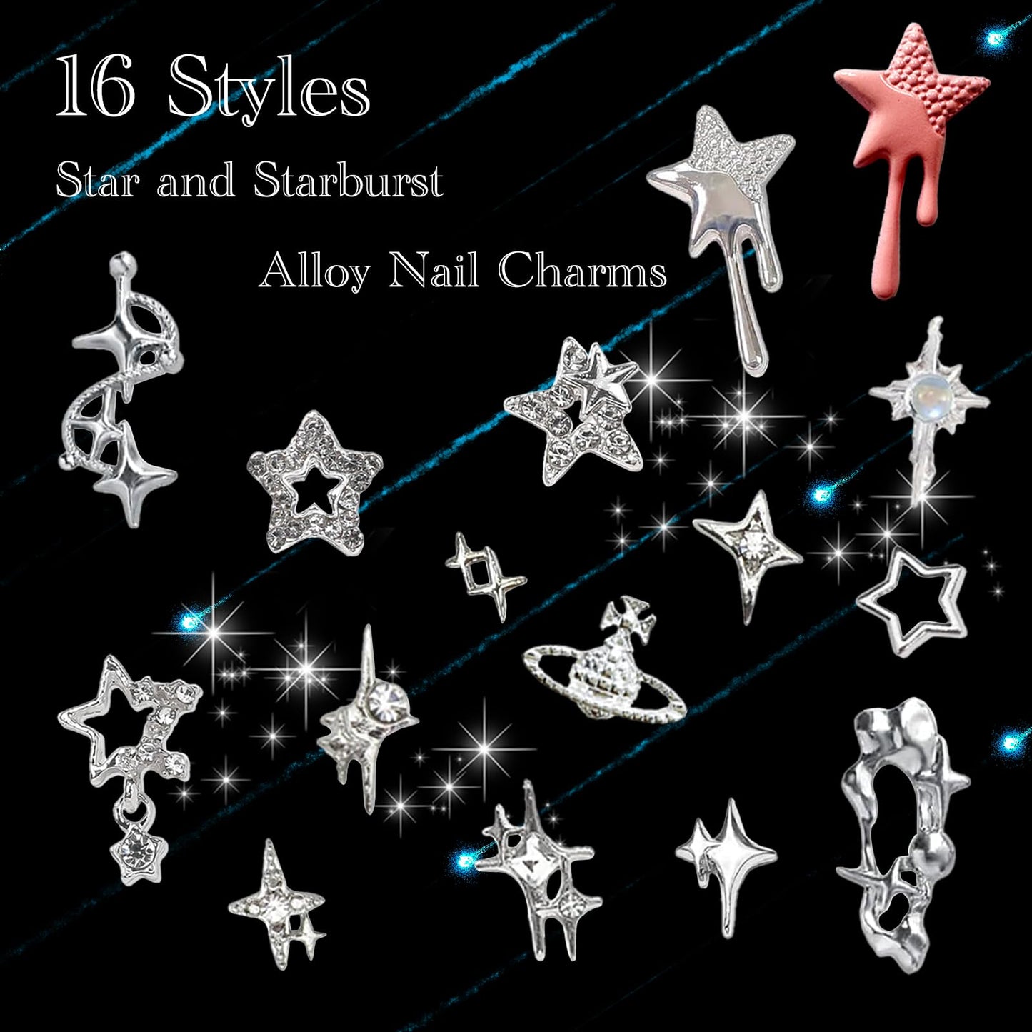 XIYONALI 124PCS Star 3D Nail Charms for Acrylic Nails, Silver Nail Gems Alloy Starburst Nail Accessories, Nail Rhinestones for Nail Art Supplies Manicure Craft DIY