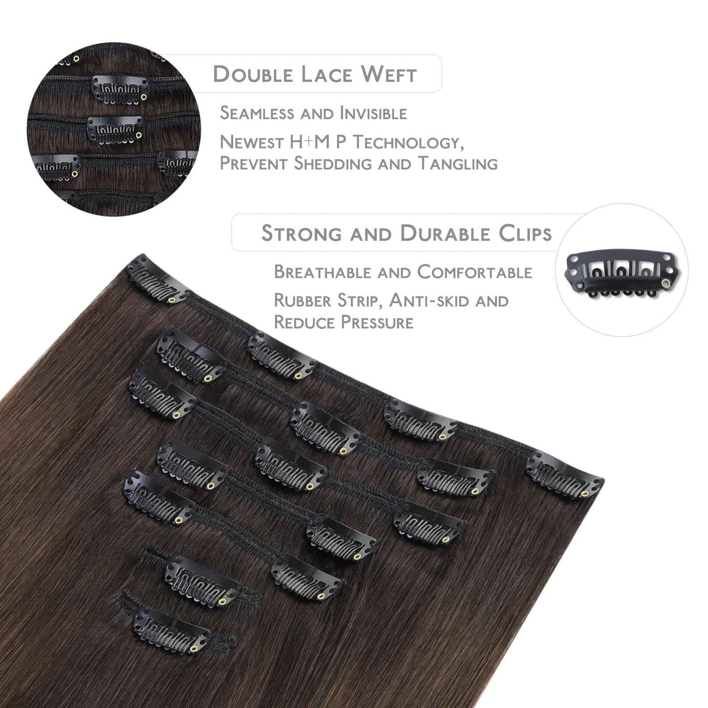 WENNALIFE Clip in Hair Extensions Real Human Hair, 12 Inch 80g 7pcs Remy Hair, Ombre Dark Brown to Light Chestnut Brown Straight Natural Extensiones De Cabello Humano Con Clip Ins