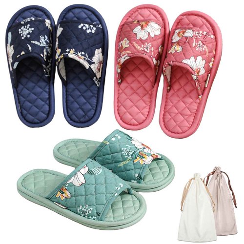 3 Pairs Floral Cotton House Slippers for Women, Open Toe Indoor Slippers Comfortable Washable Portable Foldable Guest Travel Hotel Airplane Spa Slippers