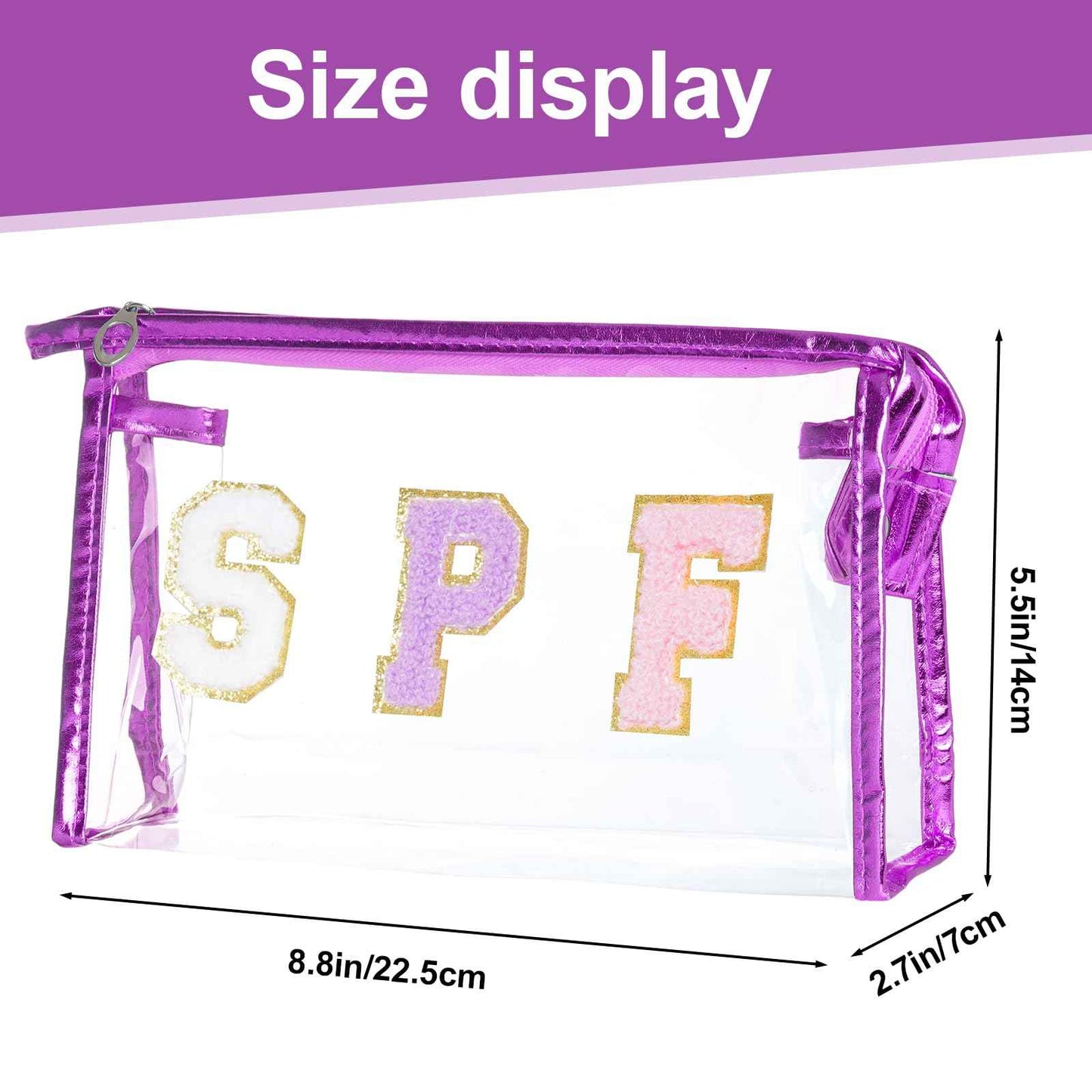 Hmxpls Clear Preppy Patch Makeup Bag, SPF Chenille Letter Bag for Beach, Clear Pouch with Zipper, Preppy Travel Bags Cosmetic Toiletry Bag for Women Girls Teens (Purple)