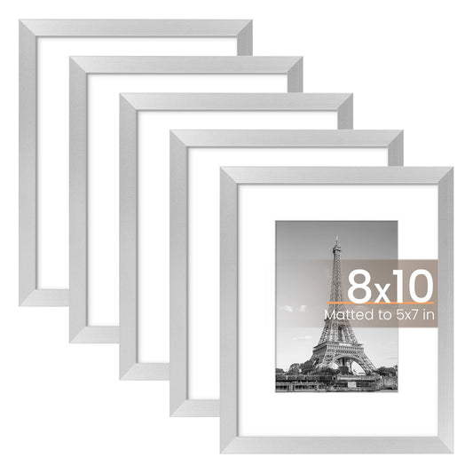 upsimples 8x10 Picture Frame Set of 5, Display Pictures 5x7 with Mat or 8x10 Without Mat, Wall Gallery Photo Frames, Silver