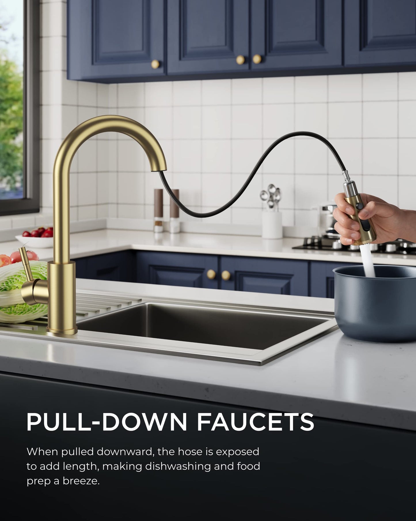 FORIOUS Gold Kitchen Faucets, Kitchen Faucet with Pull Down Sprayer, High Arc Single Handle Stainless Steel Sink Faucets 1 or 3 Hole, Classic Brass Kitchen Sink Faucets for Farmhouse Camper Laundry Rv