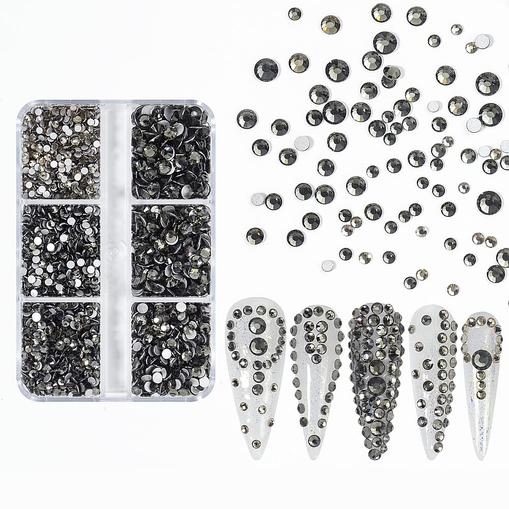 6Grids 3000Pcs Clear Flatback Rhinestones, Transparent Grey Nail Gems Crystals Jewels, Craft Glass Diamonds Bling Rhinestone with Tweezers and Picking Pen for Nail Face Makeup(1.8mm~4mm Crystal)