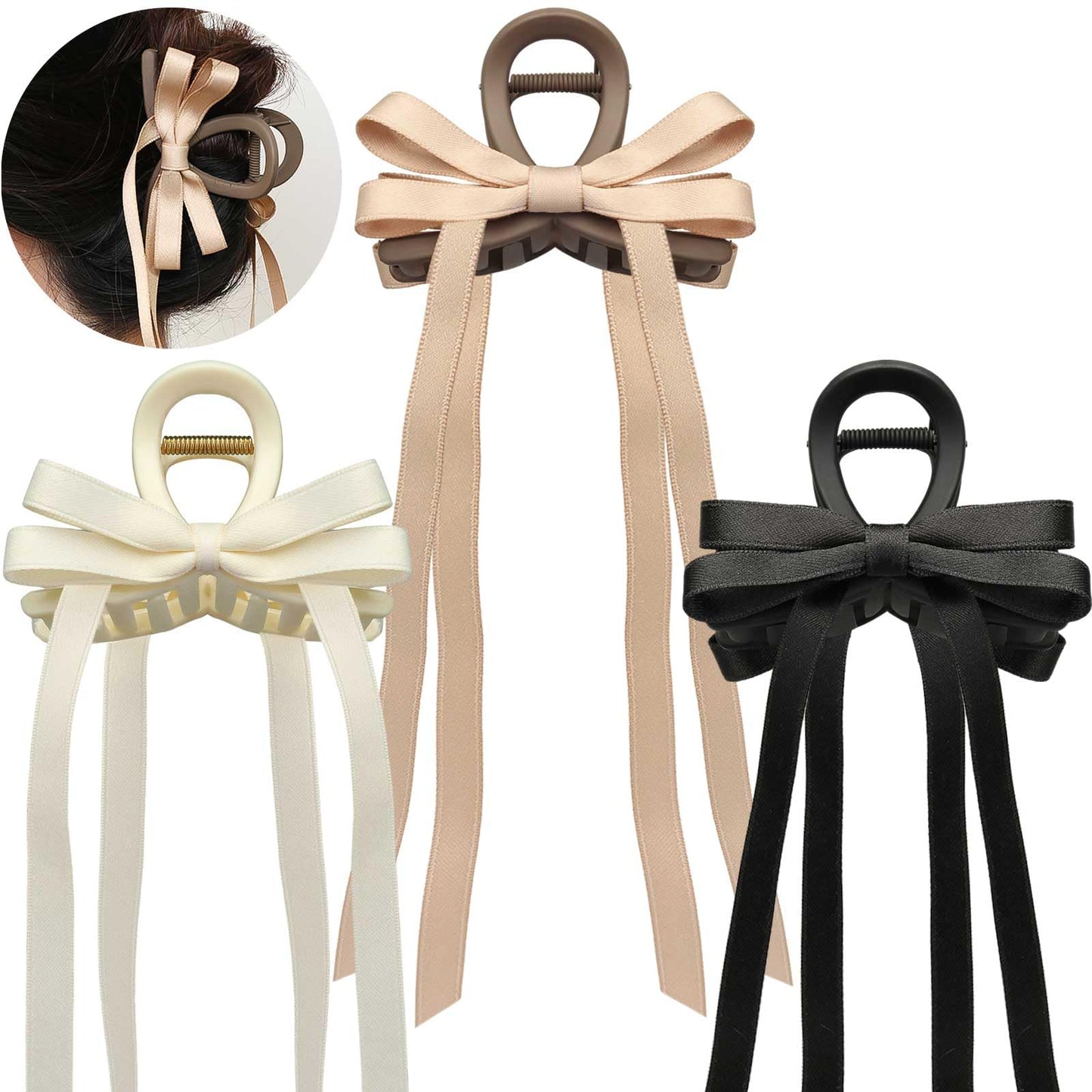 FWUNYVN 3Pcs Bow Hair Clips with Long Tail for Women,Hair Bows with Long Tail,Tassel Ribbon Hair Claw Clips,Bowknot Aesthetic Hair Accessories for Thin Thick Curly Hair (Black+White+Brown)