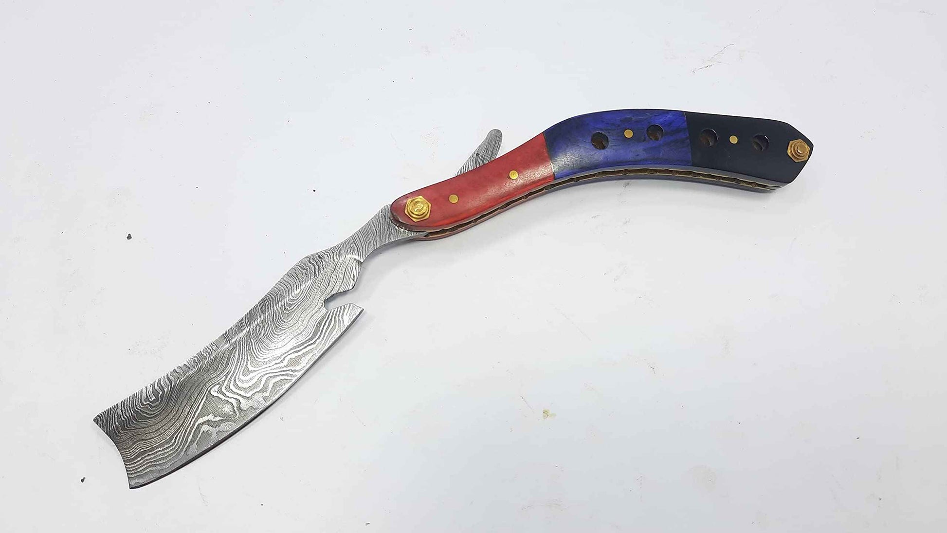 Qureshi Knifes Damascus Steel Straight Razor fixed Blade Color Wood, Buffalo Horn Handle with Leather Sheath Belt Loop. STR-24004