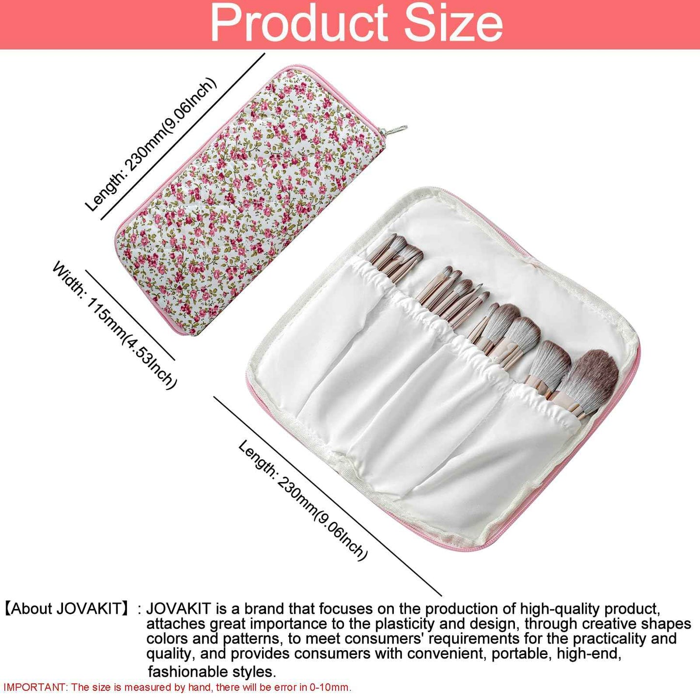 JOVAKIT Quilted Makeup Brush Holder Travel Cosmetic Bag for Women, Floral Coquette Cotton Makeup Brush Case Toiletry Zipper Make Up Pouch, Travel Storage Organizer Pouch (Red Floral)