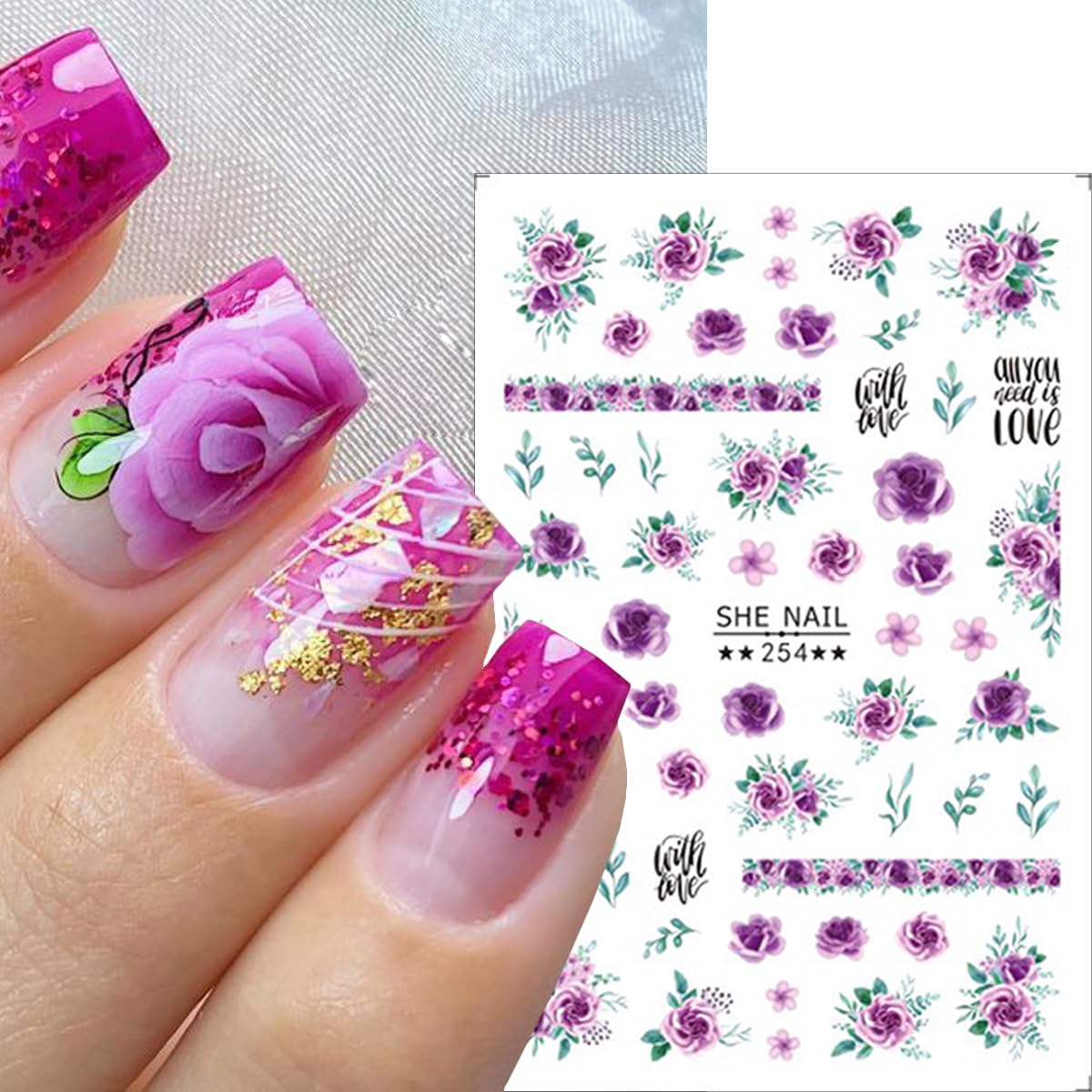 8Sheets Flower Nail Stickers for Nail Art, Flower Nail Decals 3D Self-Adhesive Flowers Rose Nail Art Design Stickers Cute Flower Nail Charms Supplies for Valentine's Day Nail Decoration Accessories