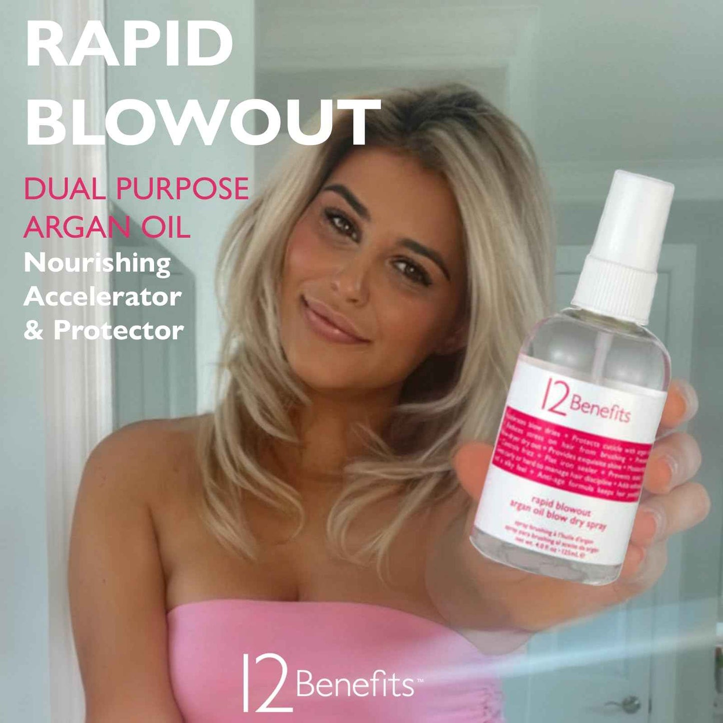 12 Benefits RAPID BLOWOUT ARGAN OIL SPRAY - Cut Blow Dry Time by 40% - Heat Protectant, Nourishes, Smooths Frizz, Adds Shine & Softens Damaged Hair, 4 Fl Oz