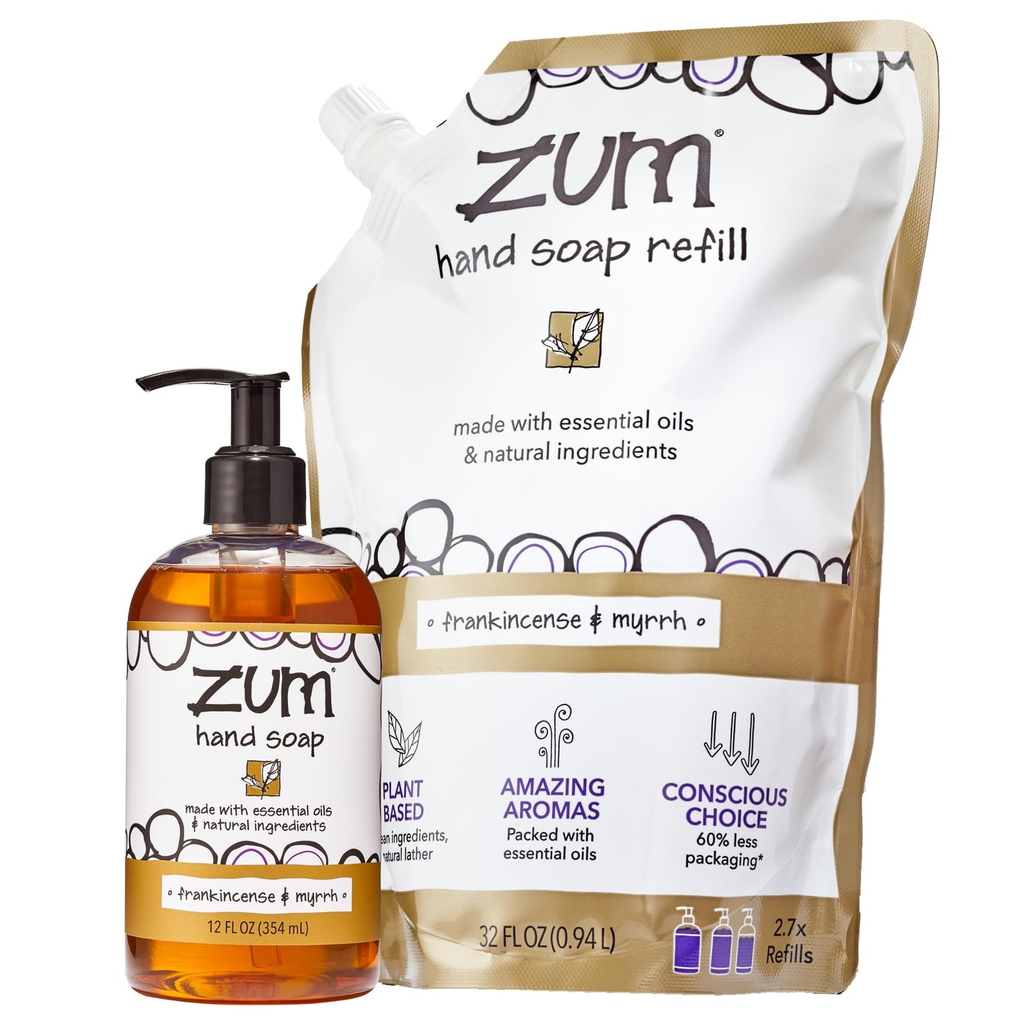 Zum Indigo Wild Hand Soap - Natural Liquid Hand Soap - Perfect Bathroom & Kitchen Hand Soap - Frankincense & Myrrh Scent - 12 oz Bottle & 32 oz Refill