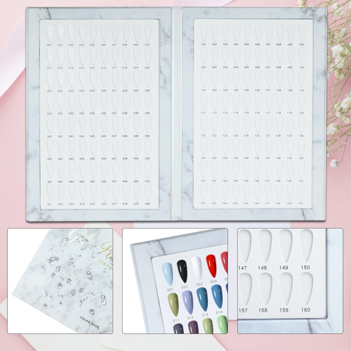 C12rtive 160 Nail Colors Book,Nail Color Display Book with 240 Nail Tips & 1-200 Number Stickers,Professional Nail Color Chart Display Book for Nail Polish UV Gel,Nails Art Design(White)