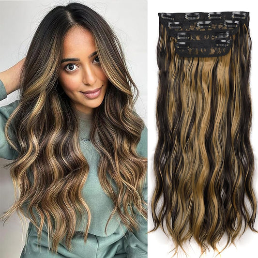 Fronweek Clip in Hair Extensions, 4PCS Natural Black Long Wavy Hair Extensions Full Head 20Inch Thick Hairpieces for Women Fiber Double Weft Hair Exte(20INCH, Chocolate Brown to Caramel Blonde 2H27B#)