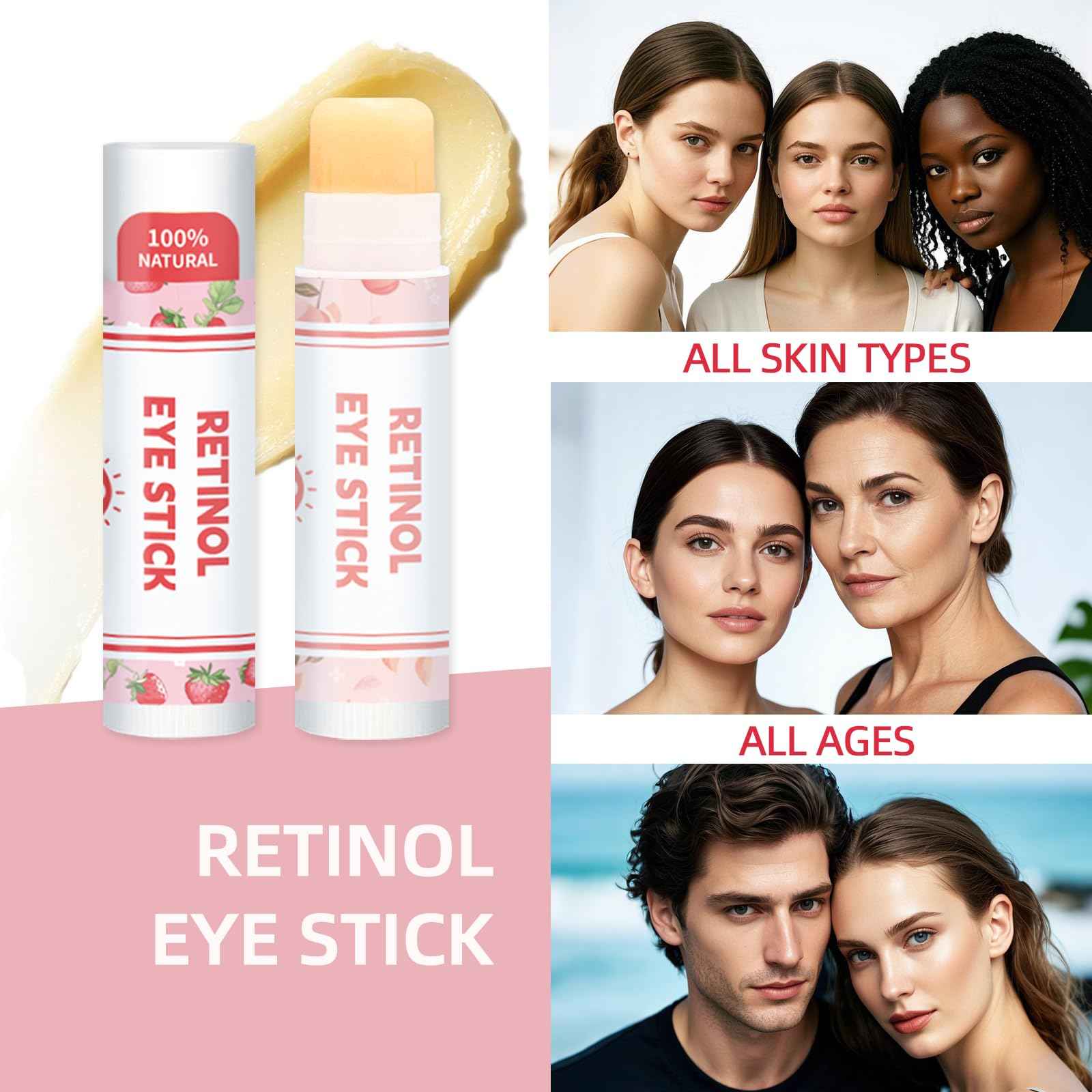 Radiia Retinol Eye Balm Stick with Retinol & Ceramide Complex - Facial Moisturizer for Dark Circles & Wrinkles - Under Eye Brightener Stick, Anti Wrinkle Hydrating Face Skincare(0.13oz *60pcs)