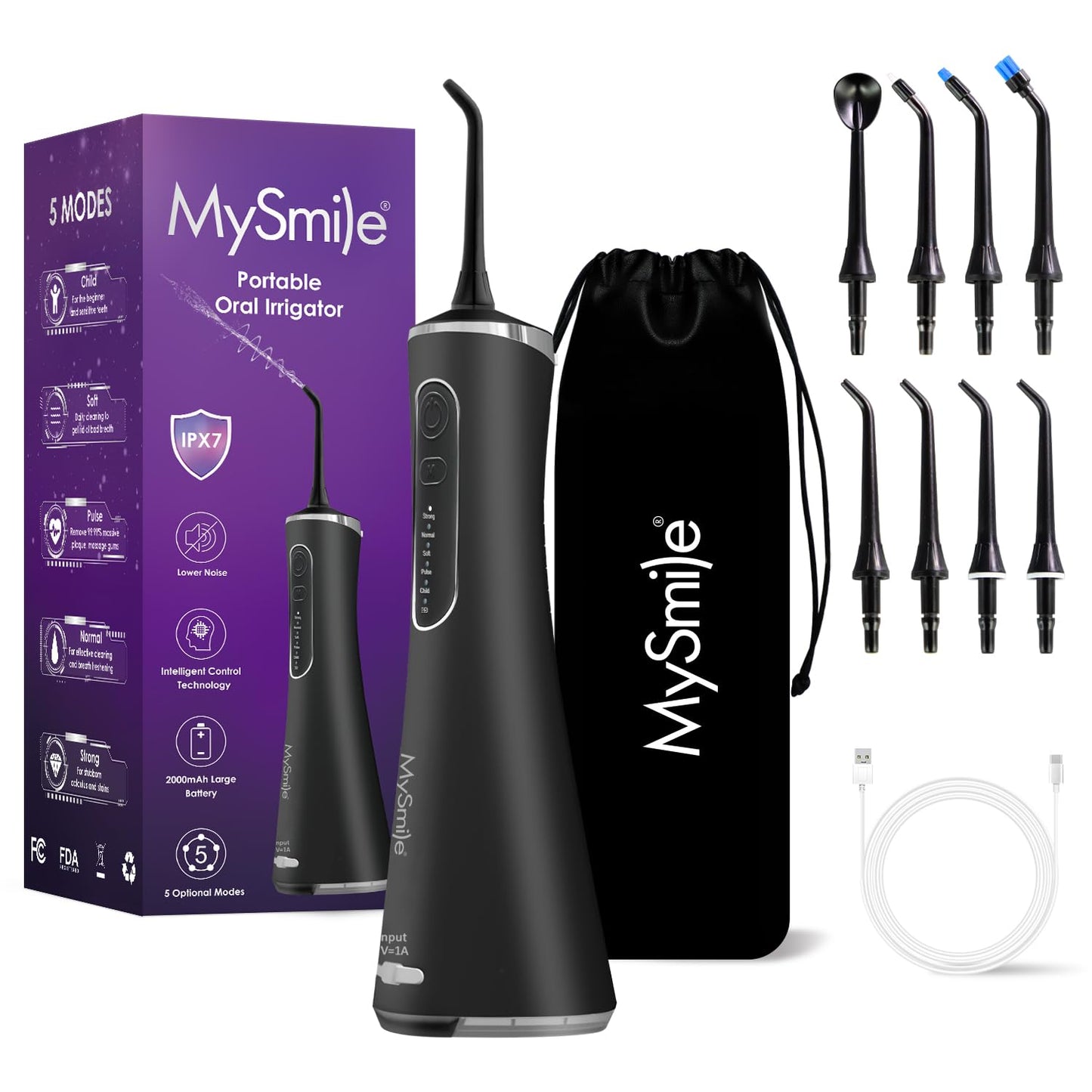 MySmile LP211 Cordless Advanced Water Flossers for Teeth, 5 Cleaning Modes Rechargeable Power Dental Flosser 8 Replacement Jet Tips IPX 7 Waterproof Dental Irrigador with Portable Travel Storage Pouch