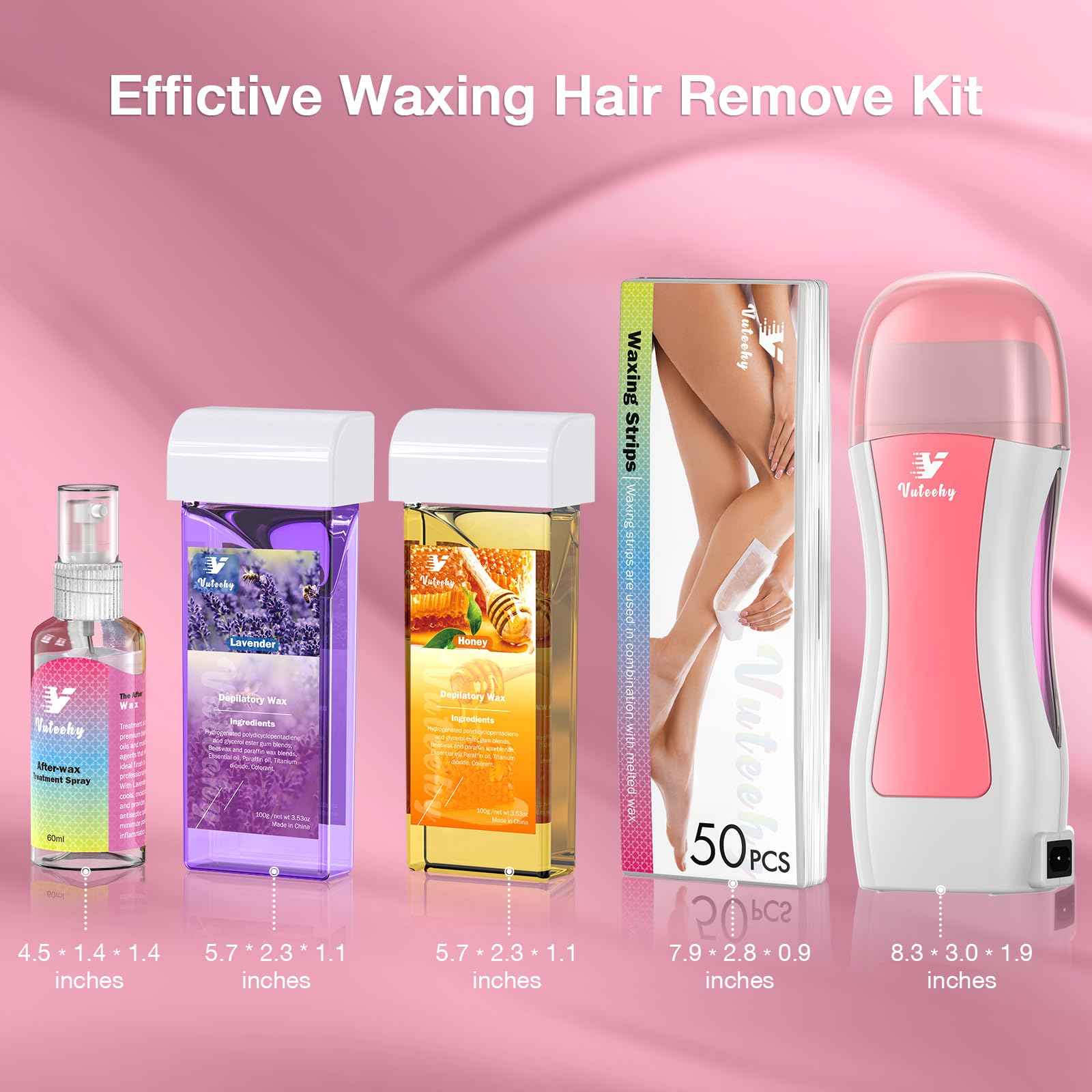 Vuteehy Roll on Wax Kit, Roll on Waxing Kit for Women, Waxing Kit at Home, Wax Roller Kit for All Skin Types Body Hair Removal, Sensitive Skin, Unisex, with 2 Soft Cartridges & 50 Pcs Strips