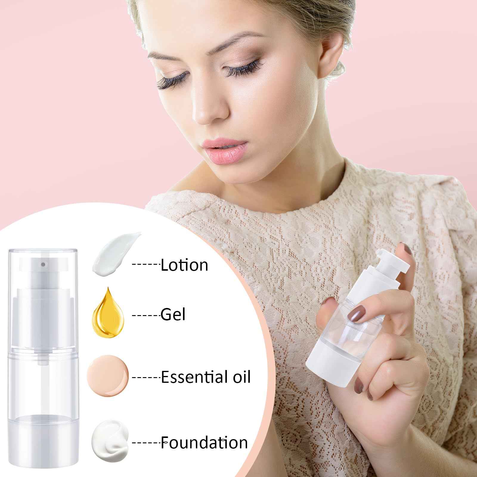 Yaomiao 50 Pcs 0.5 oz 15 ml Airless Pump Bottles Plastic Cosmetic Lotion Dispenser Travel Size Foundation Bottle Refillable Container Vacuum Airless Bottles Empty Clear Pump Jar Small Skin Care Bottle