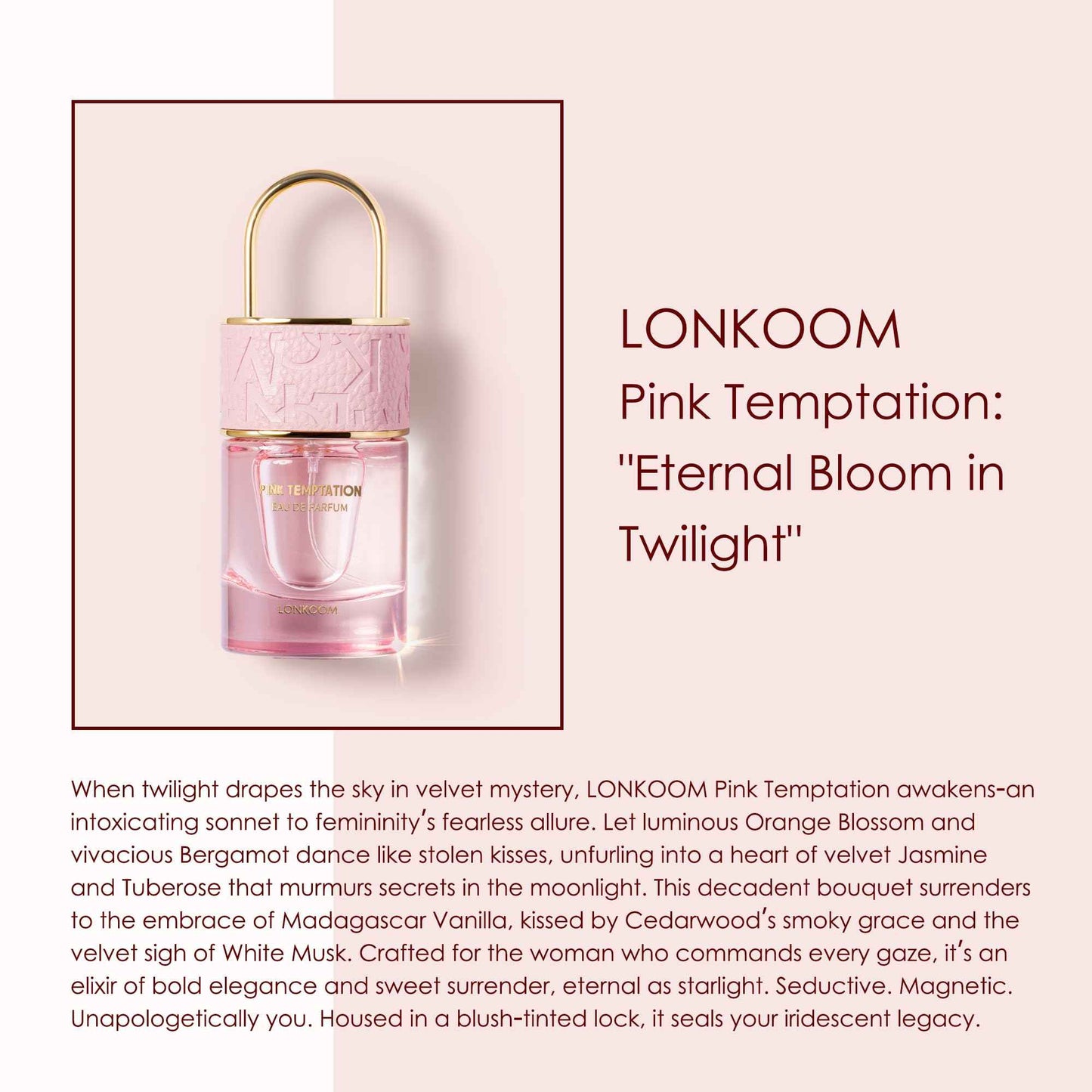 Lonkoom Lock Pink Temptation Perfumes for Women, Floral Woody Eau De Parfum Spray Long-Lasting Fragrance Ladies Perfume 1.7 Fl Oz/50ml, Notes of Bergamot Jasmine Vanilla Cedarwood Musk