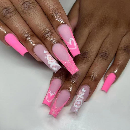 Valentines Nails Press on Nails Long Coffin Fake Nails with Designs French Heart XOXO Glitter Full Cover Acrylic Pink False Nails Square Medium Glue on Nails for Women and Girls Date Night 24Pcs