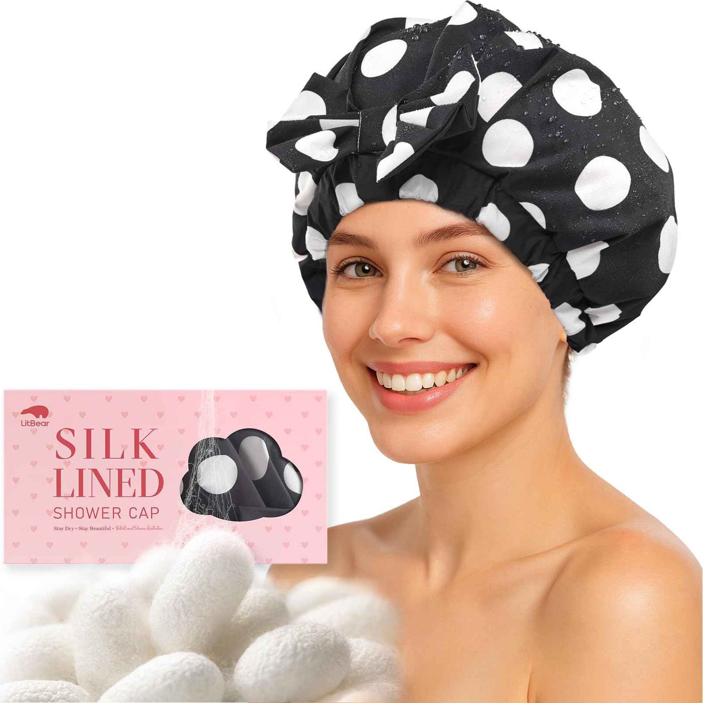 LitBear Luxury Silk Lined Shower Caps for Women Reusable Waterproof, Double Layered Large Bathing Hair Cap with Adjustable Elastic Strap, Non-slip, Quick-dry, for Long Short Hair, Black Dots