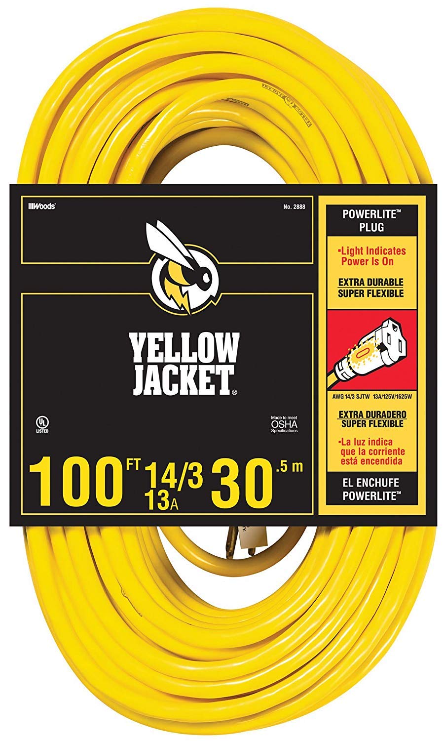 Yellow Jacket Premium SJTW Extension Cords with Lighted Ends | 2888 100' Cord + 2882 2' Cord