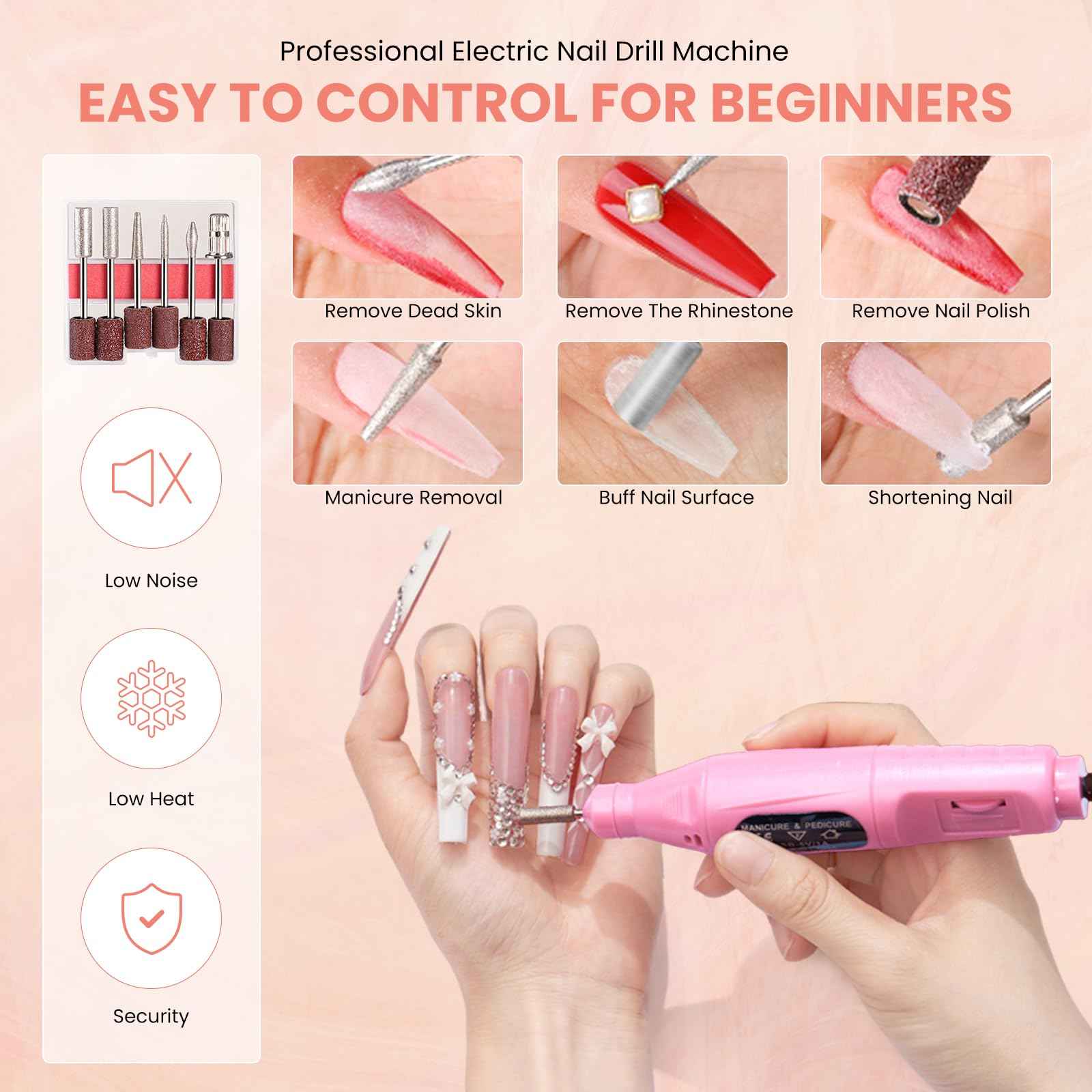 Nail Kit for Beginners with Everything: Practice Hand Acrylic Nail Set Professional Powder Drill Liquid Starter Kits with U V Lamp in Cosmetic Gift Bag for Women Salon Home (Pink)