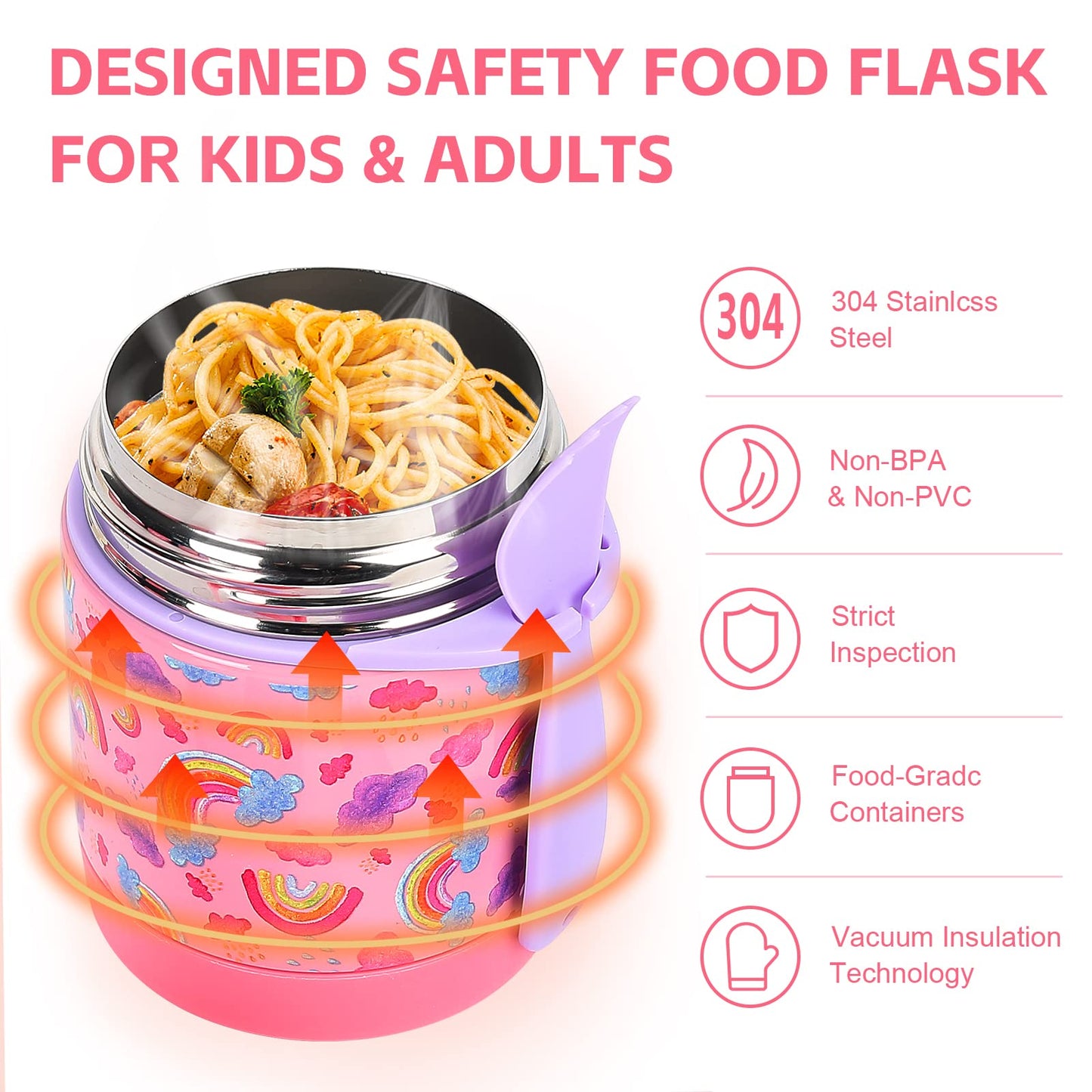 Pawtong 10oz Soup Thermo for Hot Food Kids Insulated Food Jar,Thermo Hot Food Lunch Container, Width Mouth Stainless Steel Lunch Box for Kids with Spoon (Pink-rainbow)