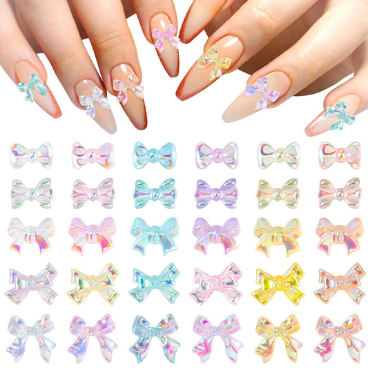 HINZIC 250 Pcs Aurora Bow Nail Charm 3D Bows for Nail Colorful Glitter Bowknot Acrylic Nail Bows Cute Resin Pearl Rhinestones Wedding Engagement Prom Accessories for Craft Phone Case Invitation Making