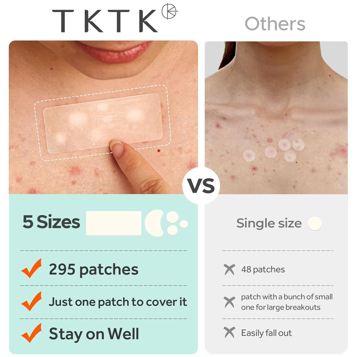 TKTK Large Pimple Patches for Face, 68 x 27 mm XL Hydrocolloid Bandages, Big Acne Patches for Body, Forehead, Chin, Nose, Chest and Back Blemish Zit Breakouts (Strip, Contoured, Dot 5 Sizes 136 Count)