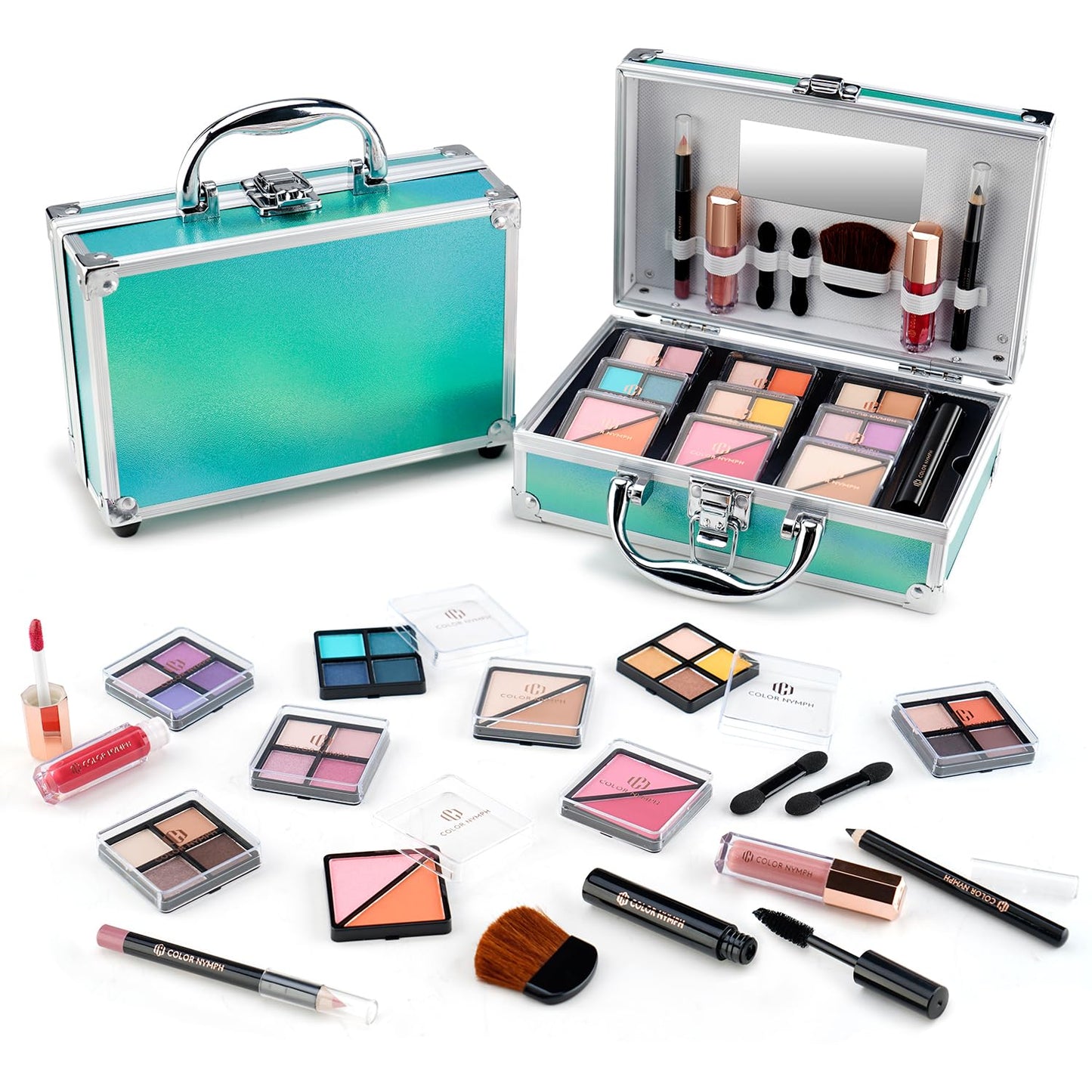 Color Nymph Beginner Makeup Kits For Teens With Train Case Included Full Makeup Kit Eyeshadow Palette Blushes Bronzer Highlighter Lipstick Brushes Mirror (Green)