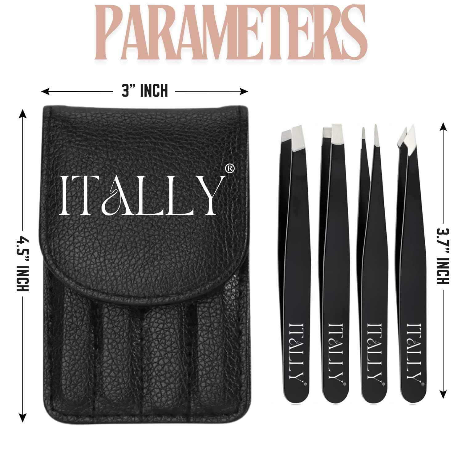 ITALLY Tweezers Set - Professional Eyebrow Tweezers - Stainless Steel Best Precision Tweezers for Women Facial Hair, Splinter, Blackhead & Ingrown Hair Removal, 4Pcs (Black)