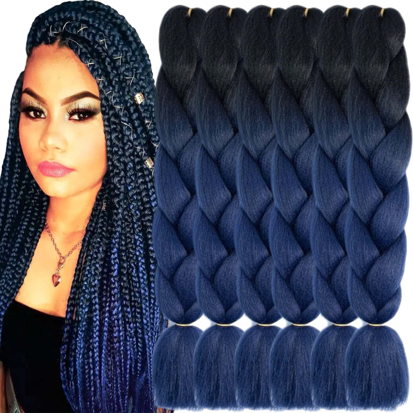 TENGSHUO FLY Black to Dark Blue Braiding Hair 6 Packs Synthetic Braid Hair Extensions Jumbo Ombre Braiding Hair 24 Inch or Box Braids Twist Crochet Braids(24"6Pack,Black to Dark Blue)