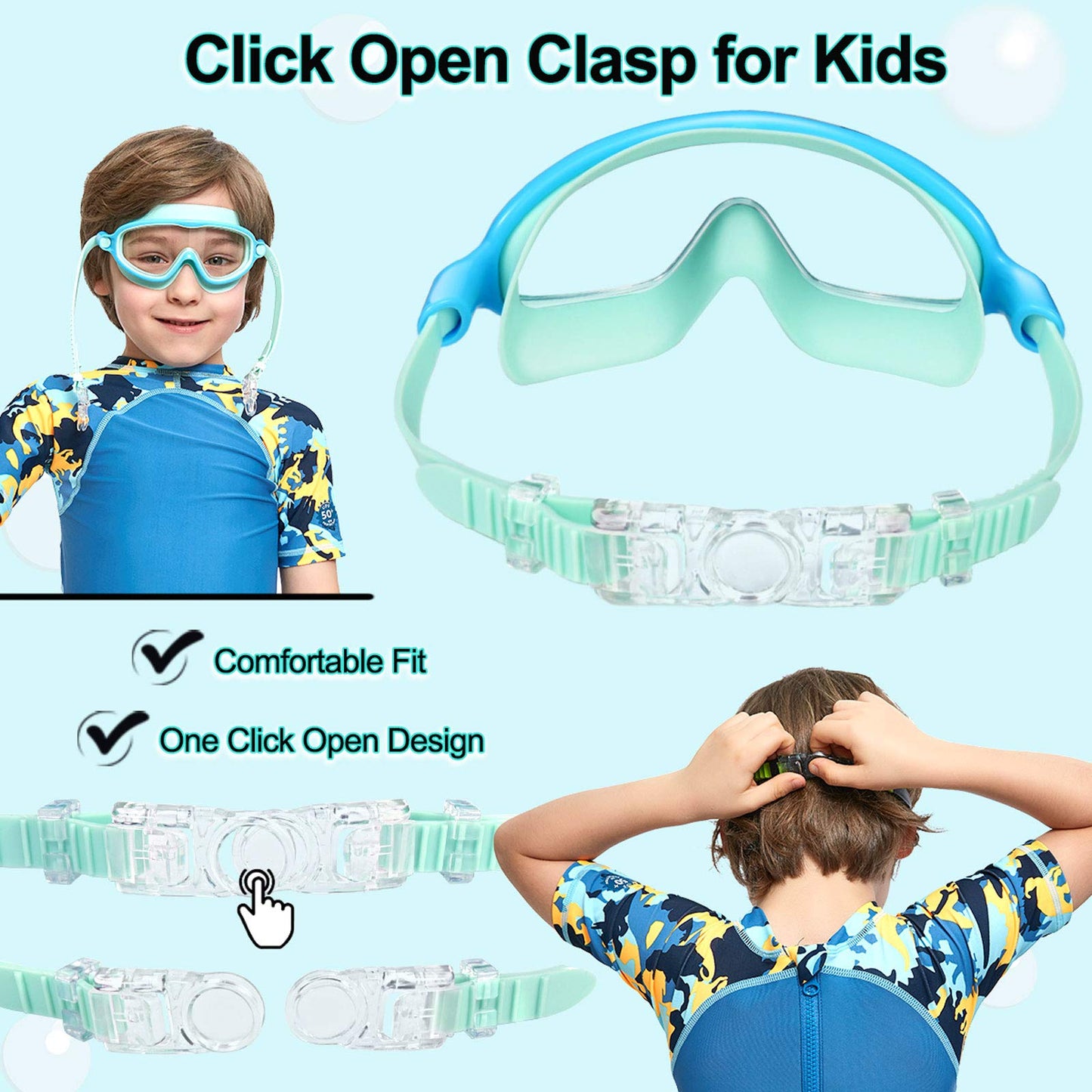 Seago Swim Goggles 2 Pack Anti-Fog Anti-UV Wide View UV Protection, Adjustable Swimming Goggles for Kids 3-15, Light Blue & Black, Green