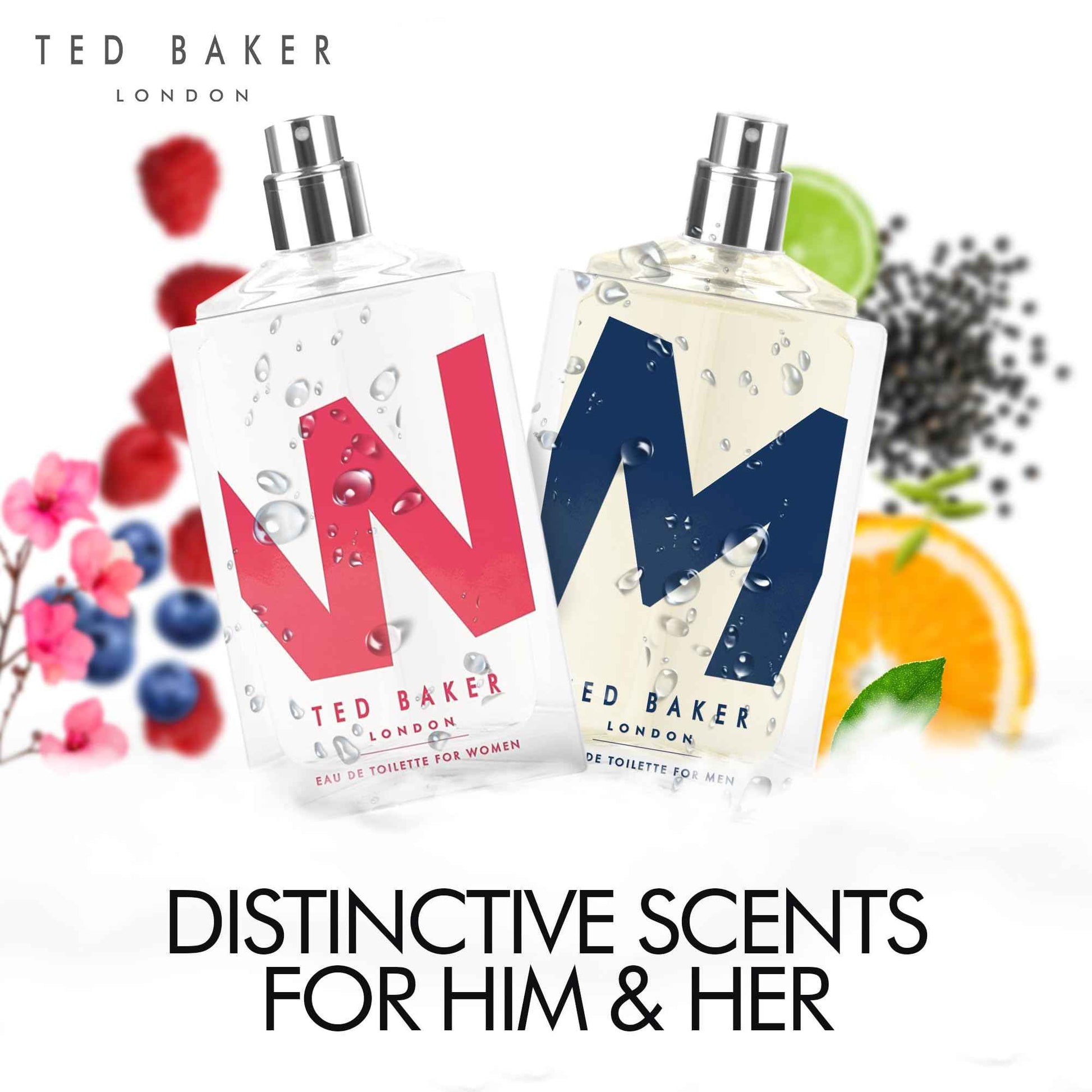 Ted Baker M and W EDT Bundle, Woman and Man Eau De Toilette, Includes M with Unique Notes of Tonka Bean and Musk, W with Notes of Fig Leaf, White Peony and Violet, 2 x 2.54 fl oz