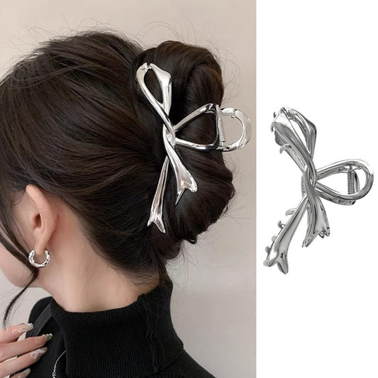 Large Silver Metal Bow-Knot Jaw Clips - Strong Hold Hair Barrettes and Styling Accessories for Thick and Thin Hair