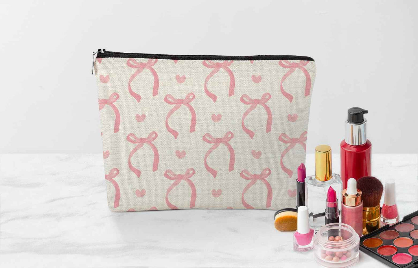 EXUQO Coquette Pink Bow Makeup Bag,Coquette Stuff Preppy Bags,Trendy Coquette Gift Cosmetic Bag,Pouch Gift for Teen Girls Women,Aesthetic Makeup Bag