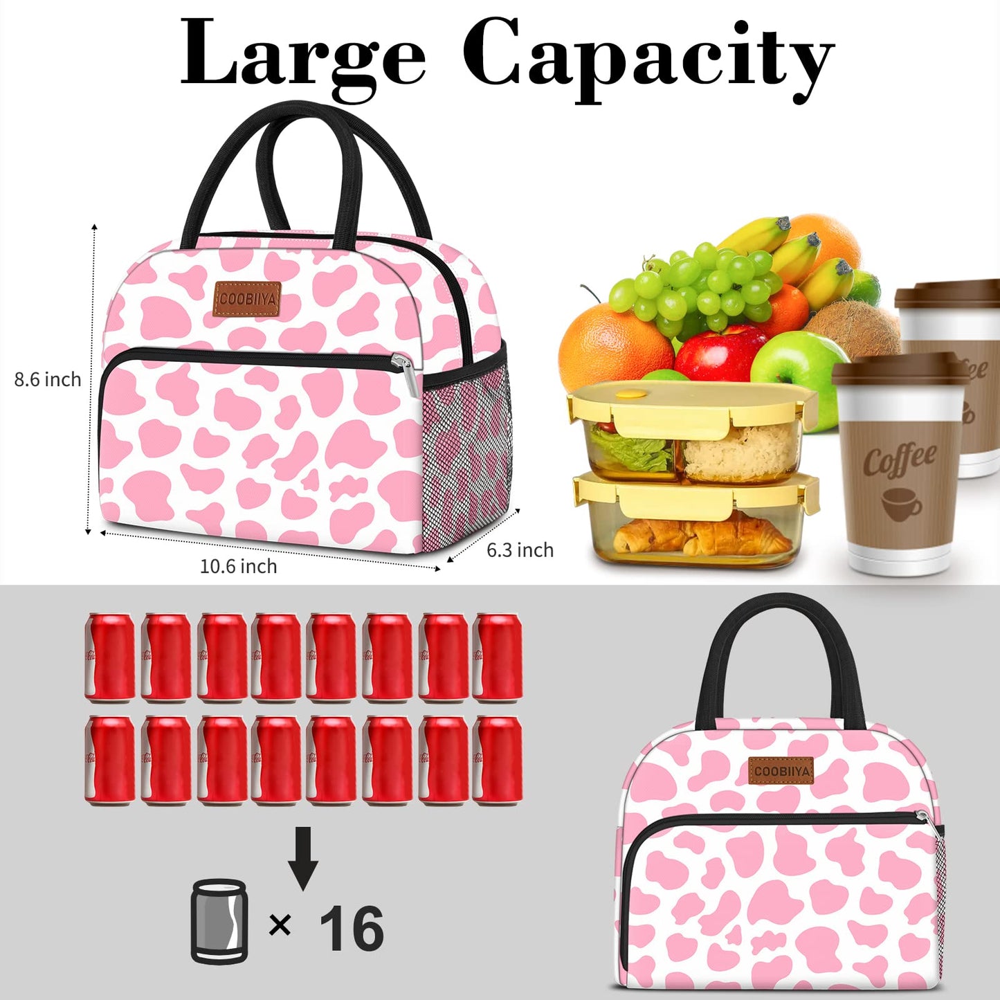 Coobiiya Lunch Bag Women, Lunch Box Lunch Bag for Women Adult Men, Small Leakproof Cute Lunch Tote Large Capacity Reusable Insulated Cooler Lunch Container for Work/Office/Picnic/Travel-Pink Cow