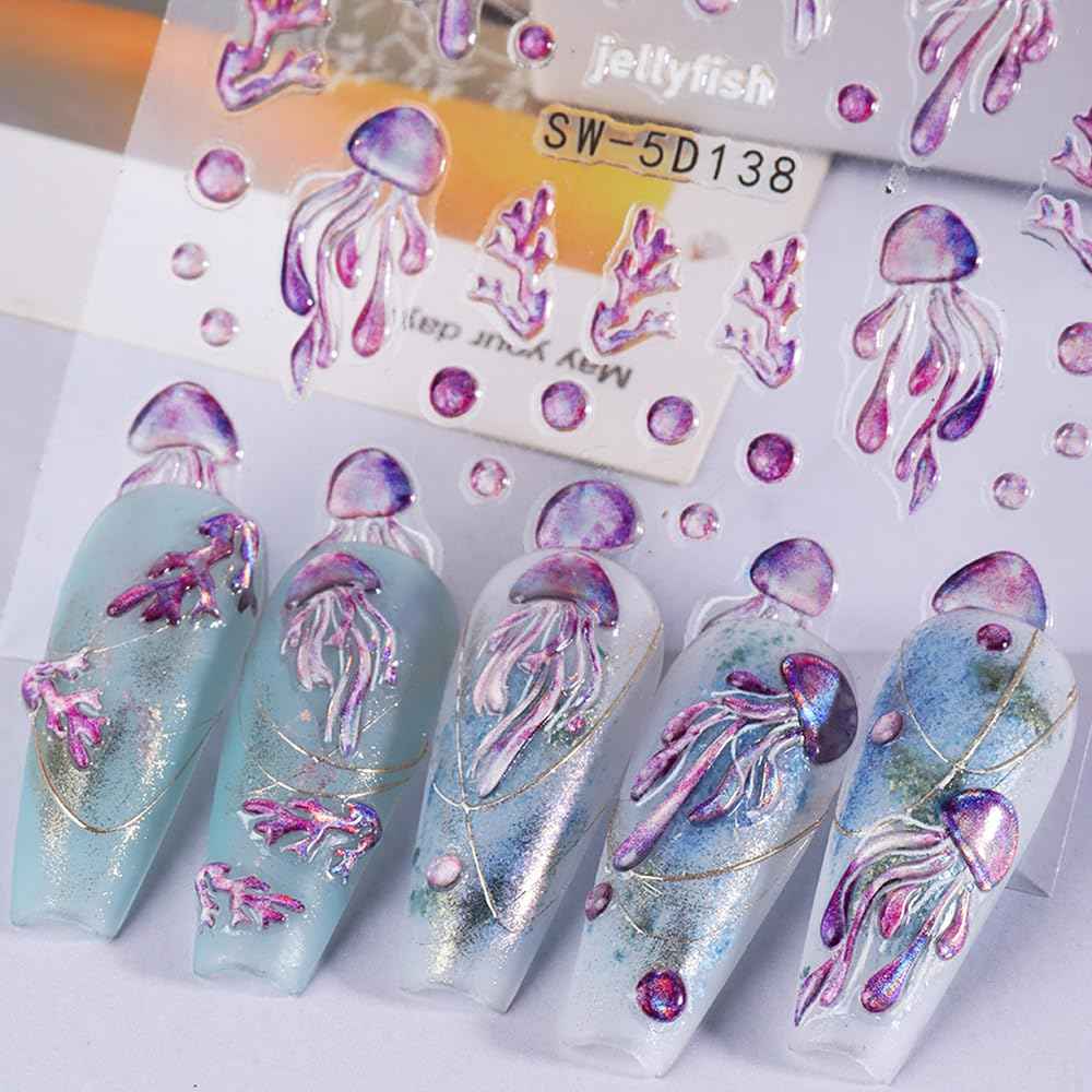 5D Embossed Ocean Nail Stickers - Summer Decals With Shell, Starfish, Jellyfish, Sea Animals - Beach Art Supplies for Nails