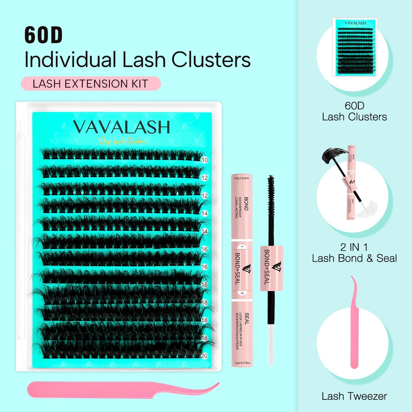 VAVALASH Lash Clusters Kit 60D 10-20mm Cluster Lashes Wispy Volume Individual Lashes, Lash Bond and Seal Glue, Lash Tweezer for DIY Lash Extension at Home (60D-10-20MIX-KIT)