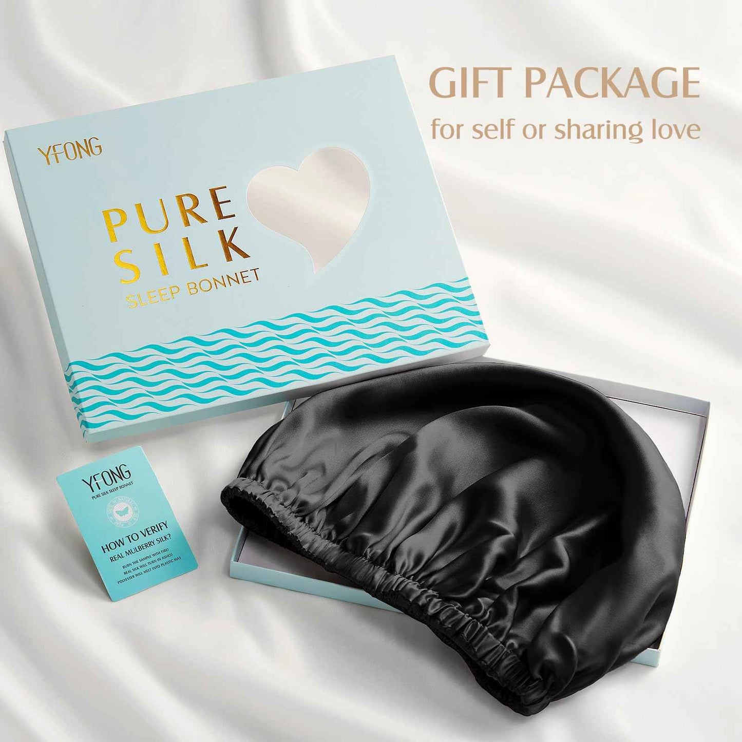 YFONG Double Layered 100% Silk Bonnet for Sleeping Women, 22 Momme Pure Mulberry Silk Sleep Shower Cap with Adjustable Elastic Band Stay On Head，Reduce Frizz, Keep Hairstyle, Black, L